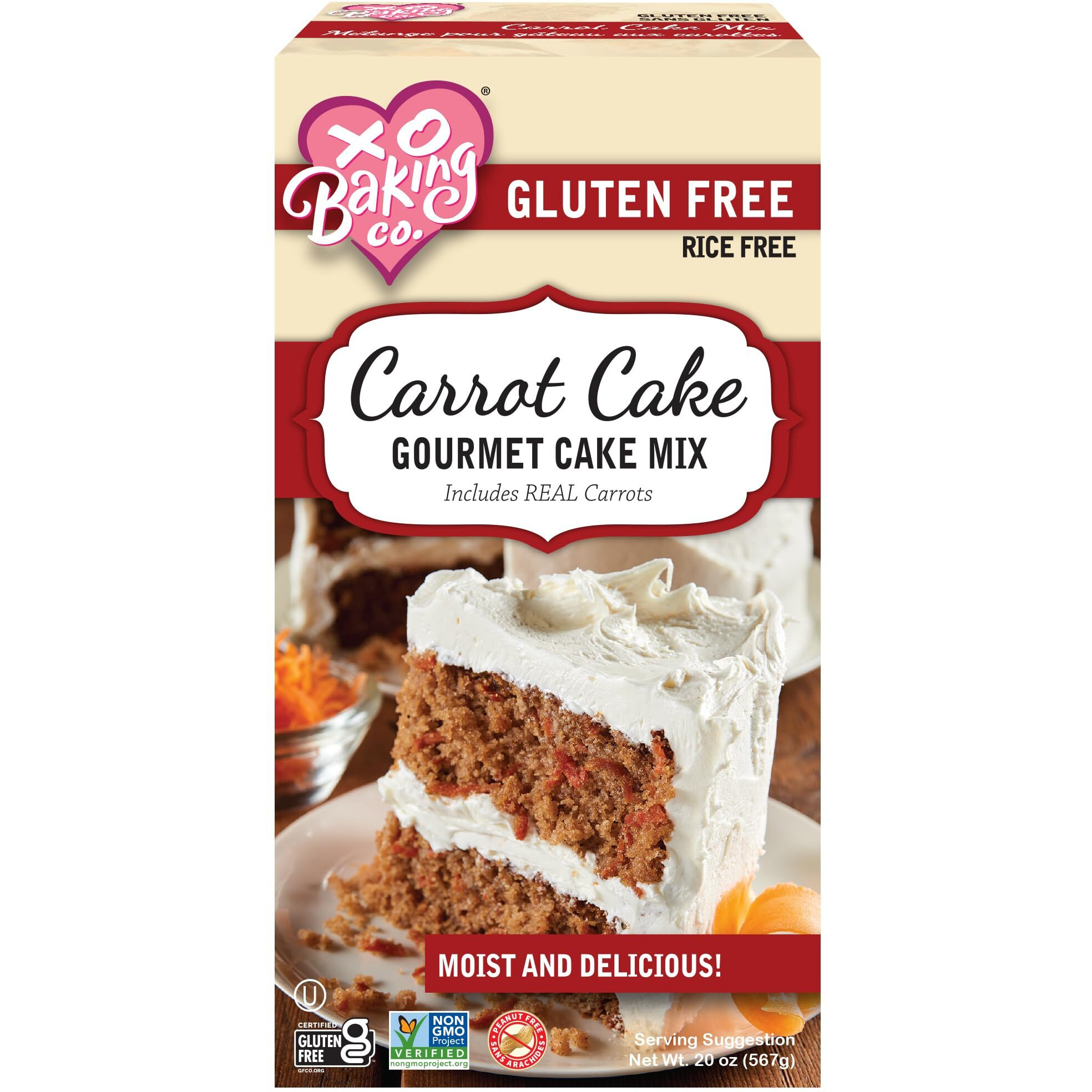 Xo Baking Co. Gluten Free Carrot Cake Gourmet Cake Mix Contains Real Carrots Non-Gmo Kosher Rice Free Soy Free Dairy Free Peanut Free No Preservatives No Artificial Flavors Or Colors, 20Oz
