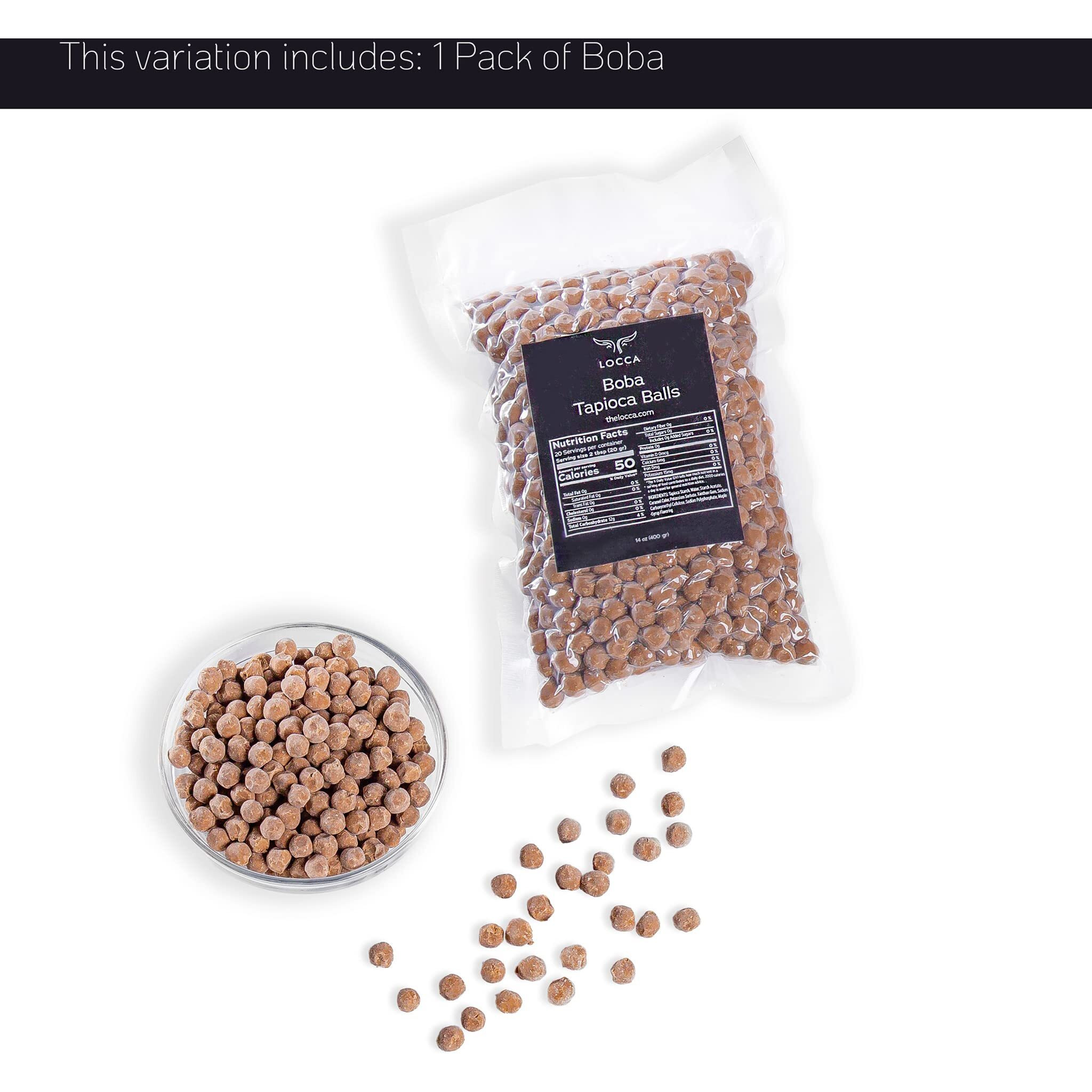 Boba Pearls | Tapioca Pearls | Sago Pearls | Locca Booba | 14 Oz (10 Servings) | Premium Easy To Cook | No Preservatives | Boba Pearls Recipe Card | Vegan | 400Gr Brown Sugar Boba - (1 Bag Only)