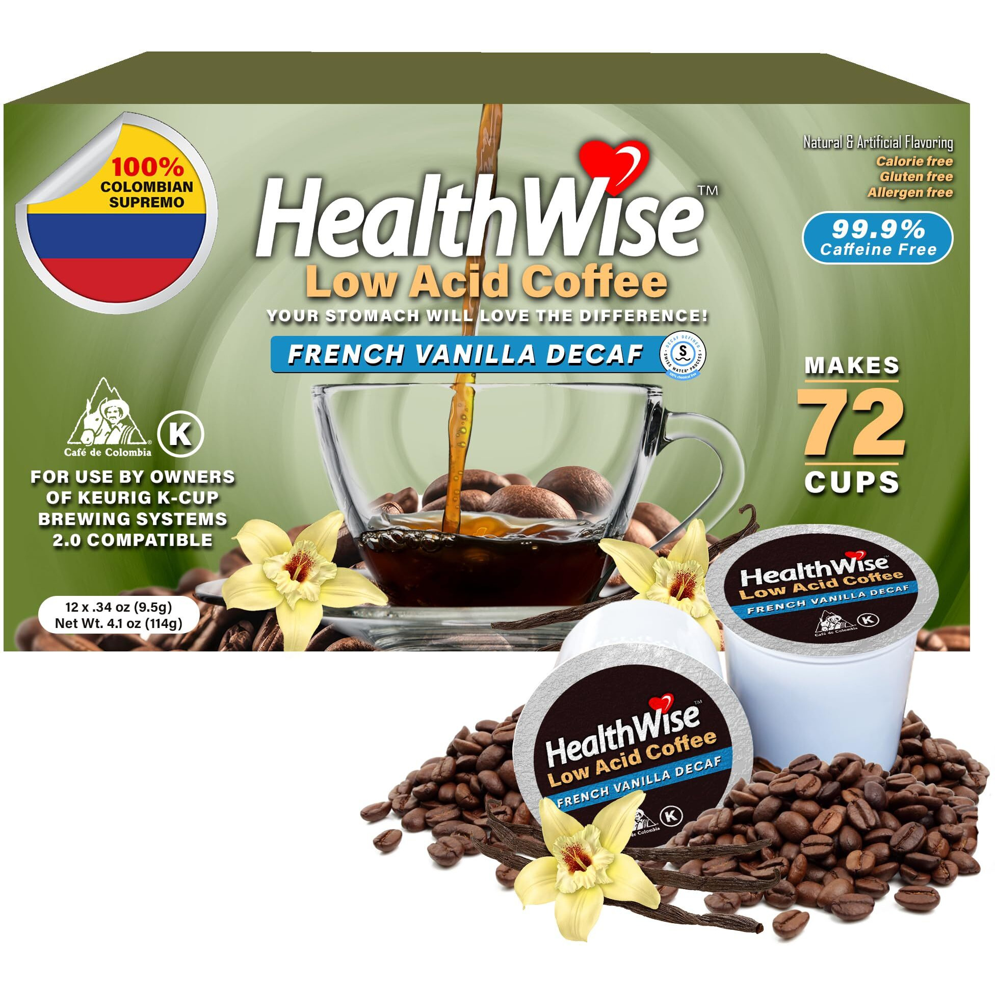 Healthwise Low Acid French Vanilla Decaf, Chemical-Free Swiss Water Process, 99.9% Caffeine Free, 100% Colombian Coffee K-Cups - Medium Roast, Healthier Coffee For Sensitive Stomachs - 72 Count (Pack Of 6)