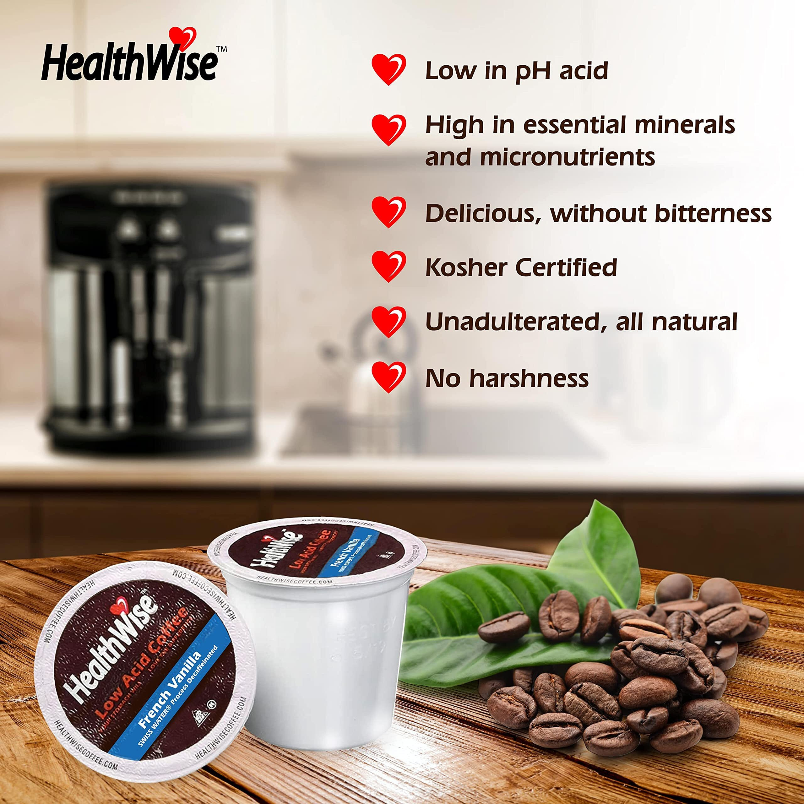 Healthwise Low Acid French Vanilla Decaf, Chemical-Free Swiss Water Process, 99.9% Caffeine Free, 100% Colombian Coffee K-Cups - Medium Roast, Healthier Coffee For Sensitive Stomachs - 72 Count (Pack Of 6)