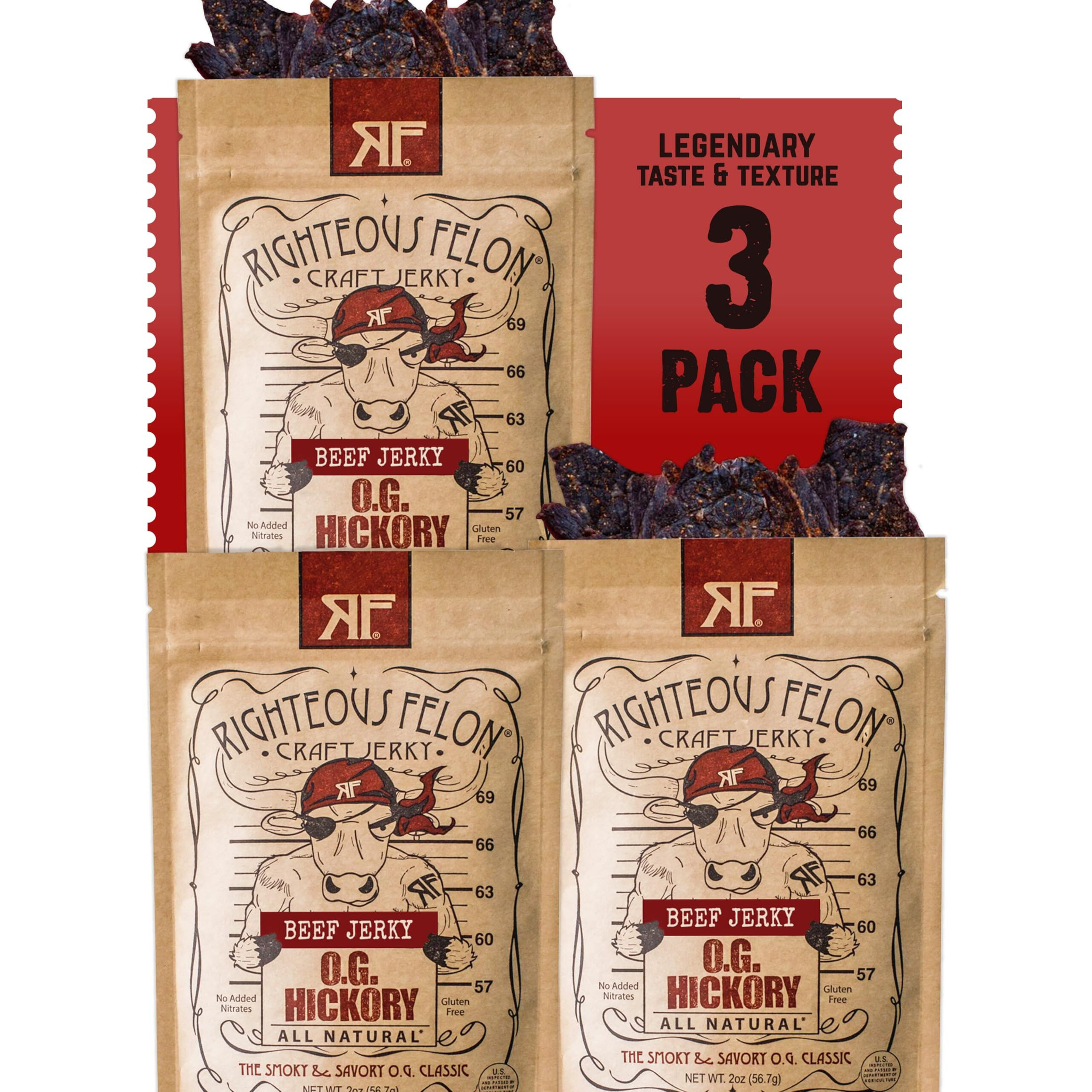 Righteous Felon Beef Jerky - Og Hickory Flavor - All-Natural Jerky - Locally Sourced & Dried Beef Jerky - Low-Sugar, High-Protein, Healthy Snacks - 2 Ounces Each, Pack Of 3