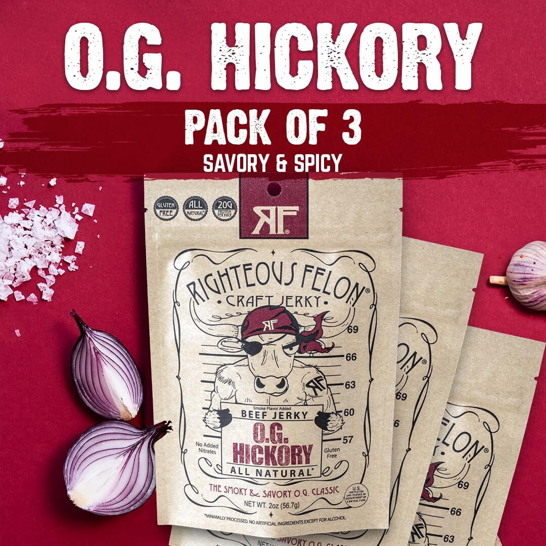Righteous Felon Beef Jerky - Og Hickory Flavor - All-Natural Jerky - Locally Sourced & Dried Beef Jerky - Low-Sugar, High-Protein, Healthy Snacks - 2 Ounces Each, Pack Of 3