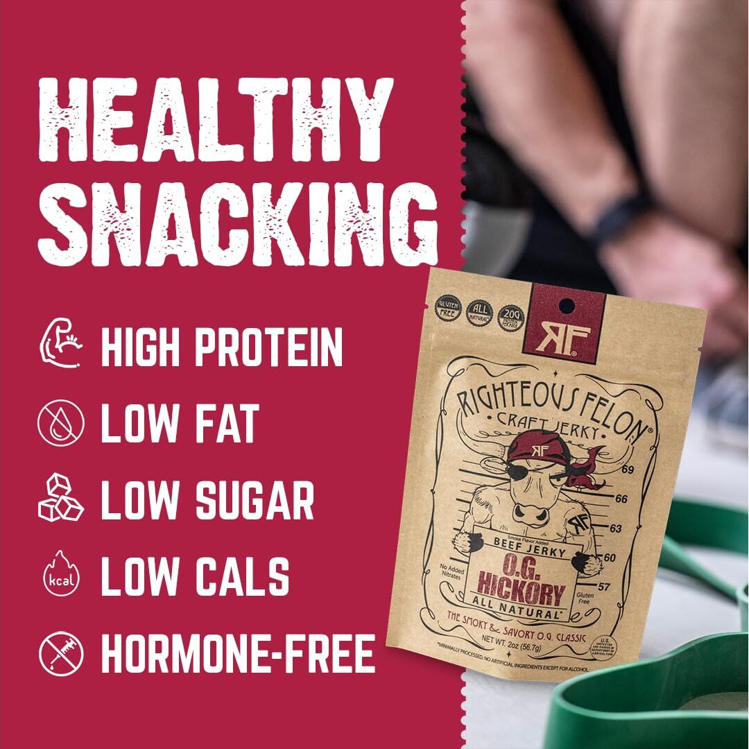 Righteous Felon Beef Jerky - Og Hickory Flavor - All-Natural Jerky - Locally Sourced & Dried Beef Jerky - Low-Sugar, High-Protein, Healthy Snacks - 2 Ounces Each, Pack Of 3