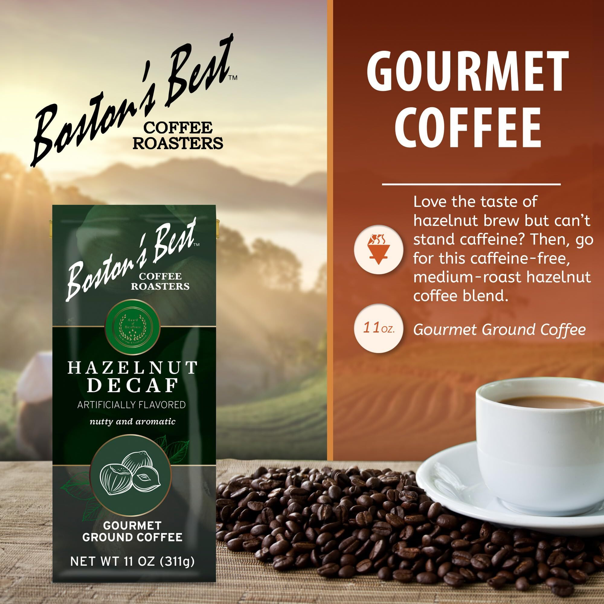 Bostons Best Coffee - Hazelnut Decaf Gourmet Coffee, Delicious Medium Roast Coffee, Nutty Premium Ground Coffee, 11 Oz. / 311 G Coffee Bag