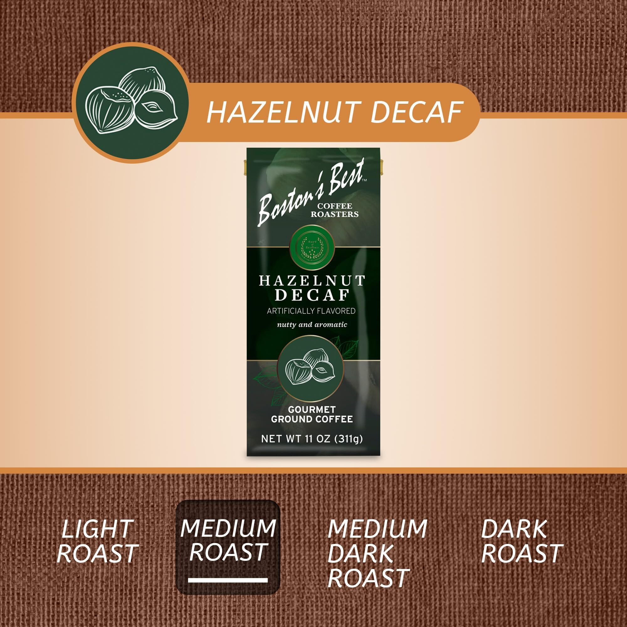 Bostons Best Coffee - Hazelnut Decaf Gourmet Coffee, Delicious Medium Roast Coffee, Nutty Premium Ground Coffee, 11 Oz. / 311 G Coffee Bag