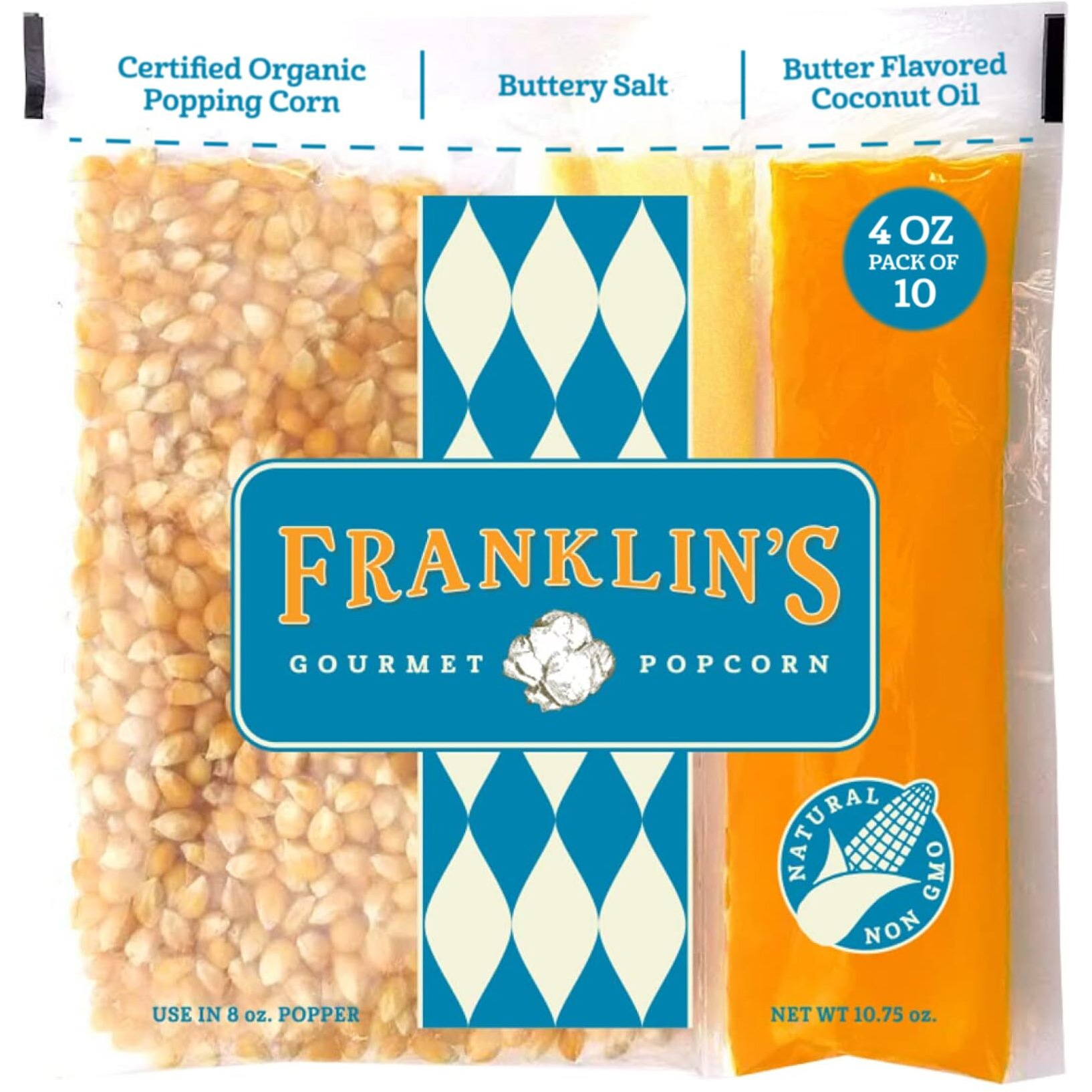 Franklins Gourmet Popcorn All-In-One Pre-Measured Packs - 4Oz. Pack Of 10 - Butter Flavored Coconut Oil + Butter Salt Popcorn Seasoning + Organic Corn - Authentic Movie Theater Taste - Made In Usa