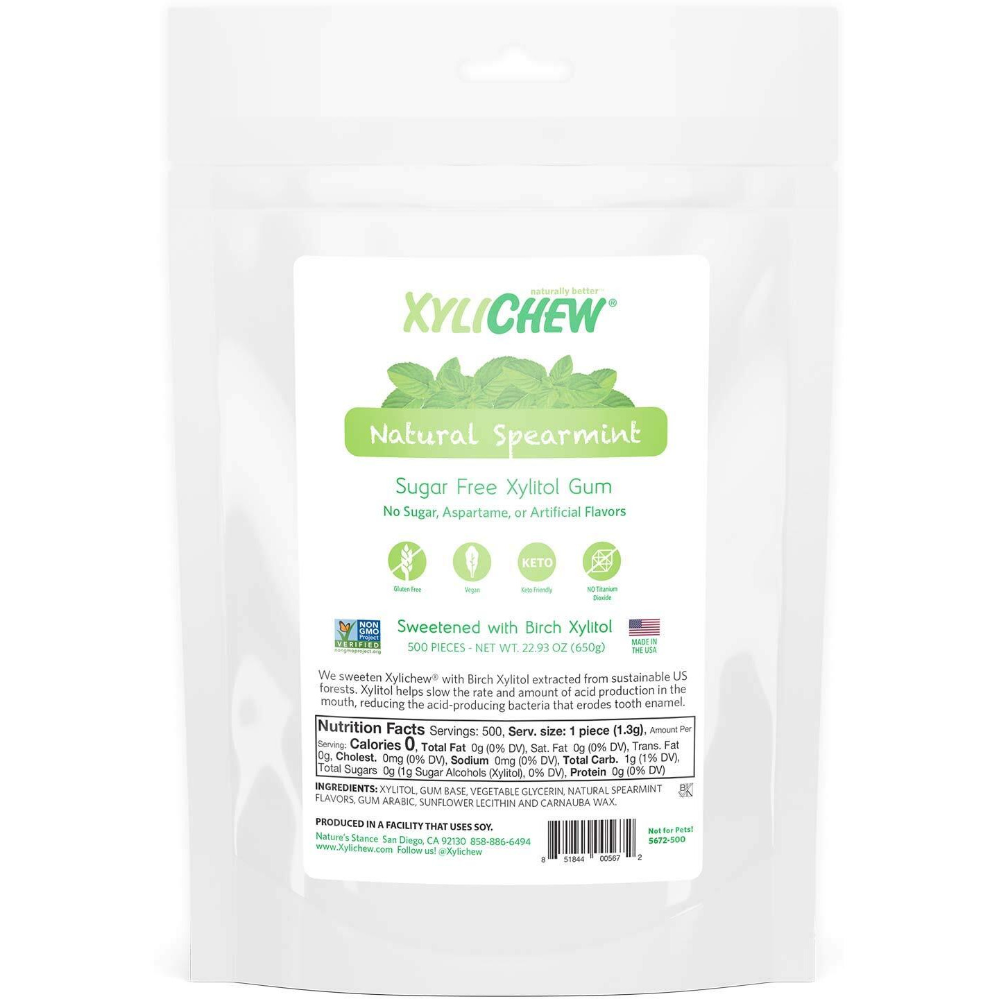 Xylichew 100% Xylitol Chewing Gum - Non Gmo, Non Aspartame, Gluten Free, And Sugar Free Gum - Natural Oral Care, Relieves Bad Breath And Dry Mouth - Spearmint, 500 Count