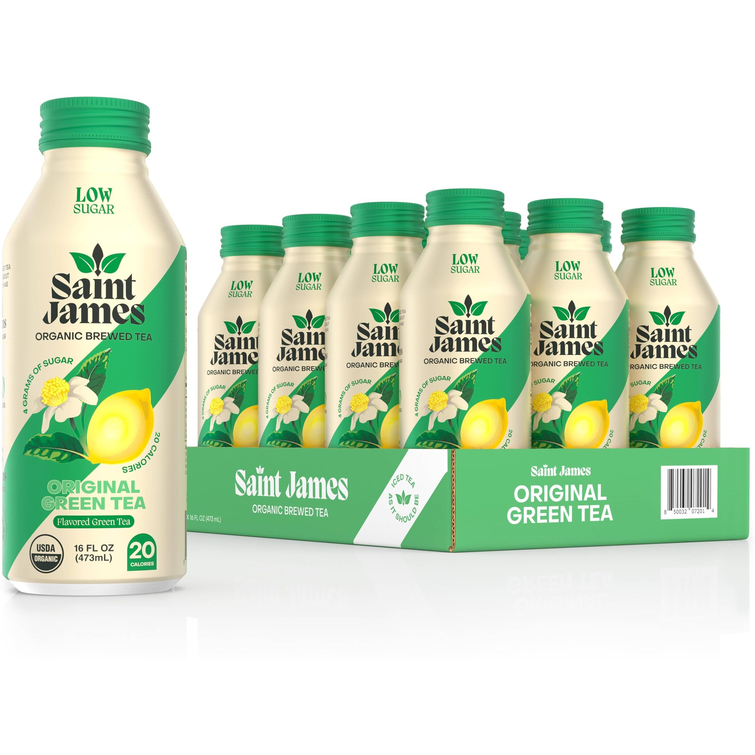 Saint James Iced Tea - Organic Green Tea - Non Gmo, Gluten Free, Low Calorie & Low Sugar - Original Green Tea, 12 Pack (16 Fl Oz Each)