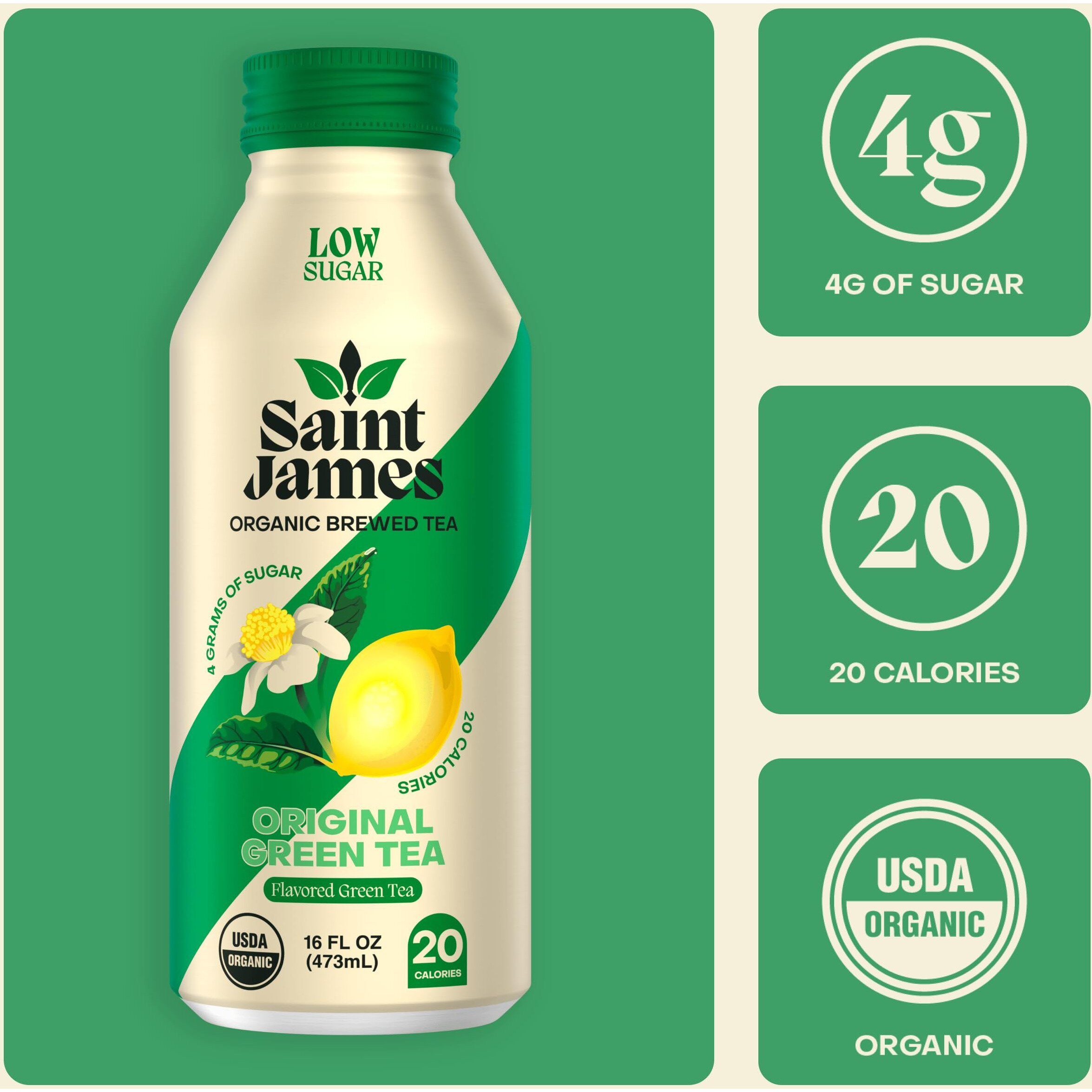 Saint James Iced Tea - Organic Green Tea - Non Gmo, Gluten Free, Low Calorie & Low Sugar - Original Green Tea, 12 Pack (16 Fl Oz Each)