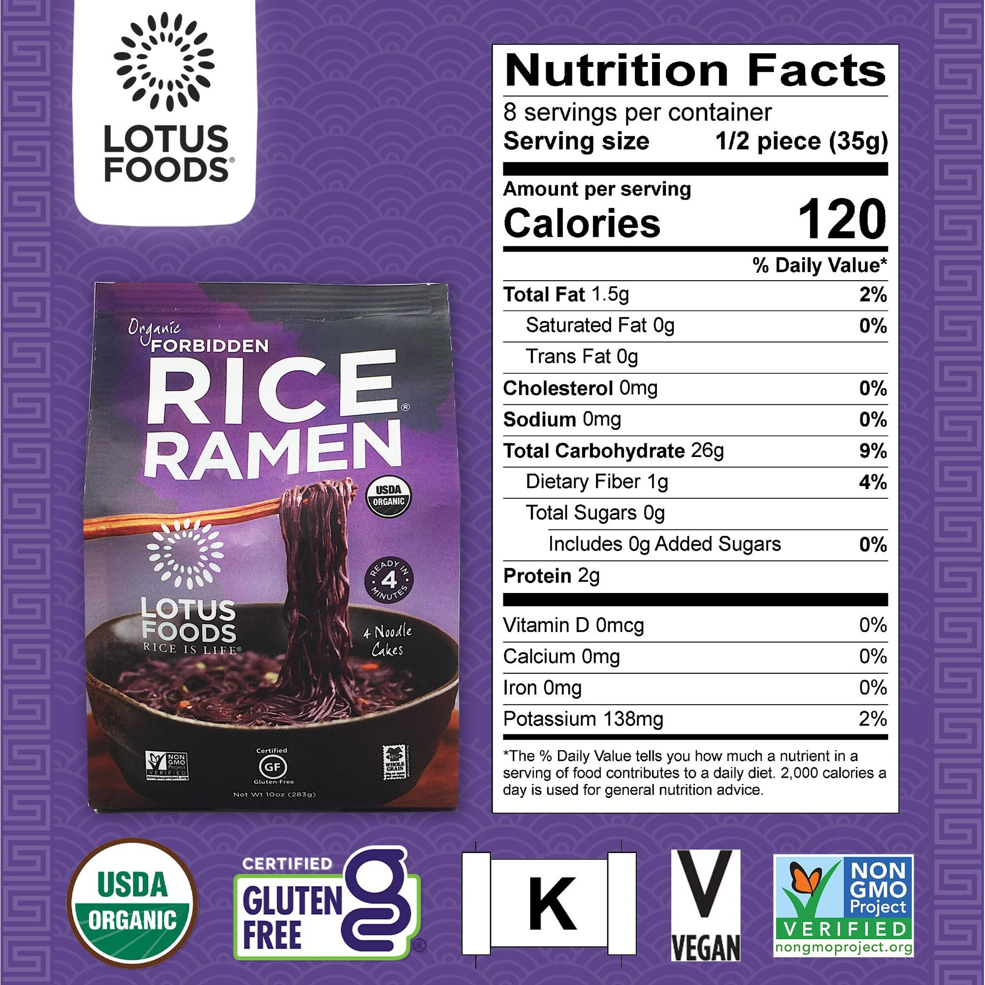 Lotus Foods Organic Forbidden Rice Ramen Noodles - Gluten Free Instant Ramen Noodles, Vegan, Low Sodium, Made With Black Rice Flour, Brown Rice Flour, White Rice Flour - 2.8 Oz (Bulk Pack Of 48)