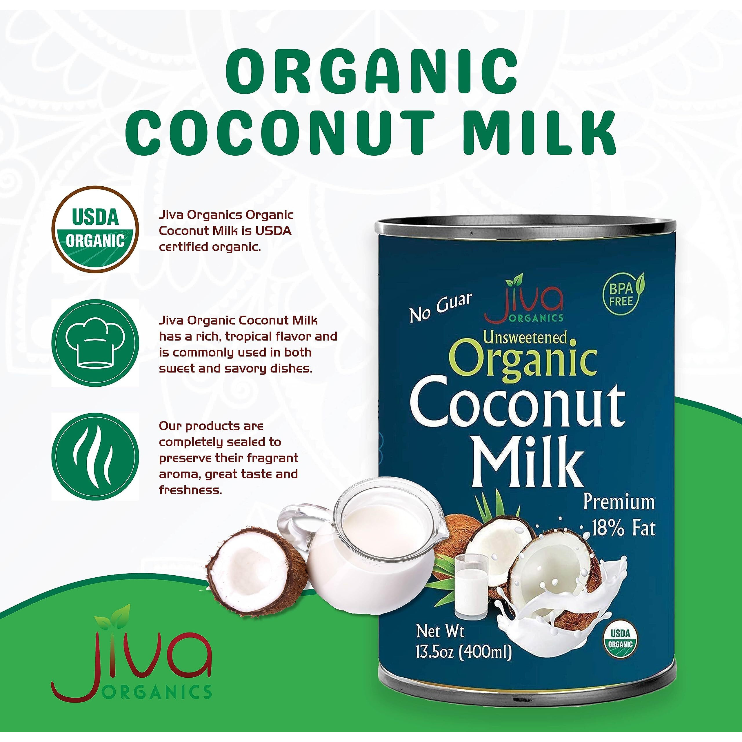 Jiva Organics Organic Coconut Milk 13.5 Ounce (Pack Of 12) - Unsweetened, Premium Full 18% Fat, Vegan, Paleo, No Guar Gum, Bpa Free, Keto Friendly