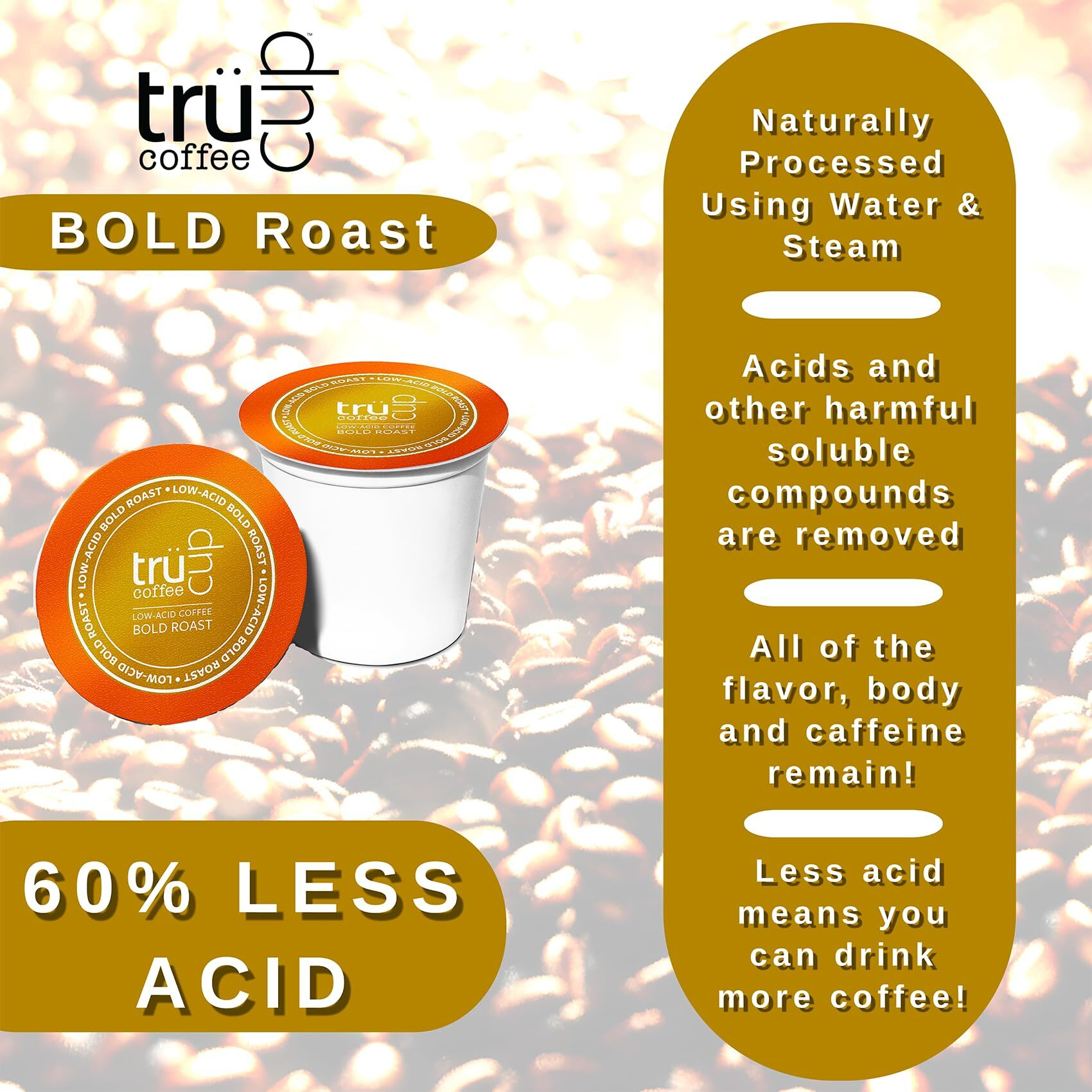 Trcup Low Acid Coffee - Bold Roast - 48 Count Single Serve Coffee Pods- Low-Acid Coffee - Can Be Gentle On The Stomach (Bold, 48)