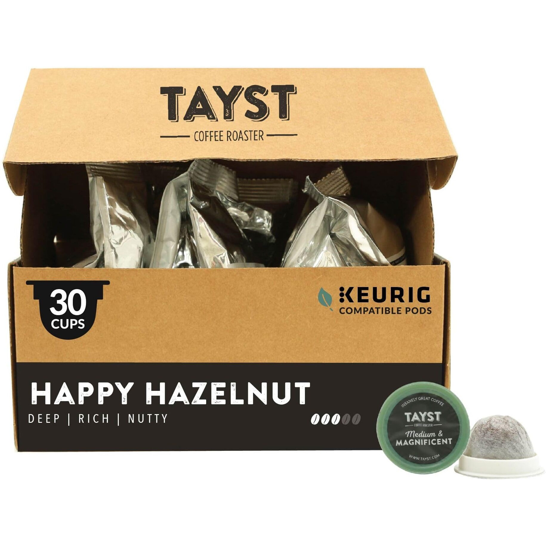Tayst Coffee Pods, Happy Hazelnut Medium Roast, K Cups Compatible With Keurig Coffee Maker, Sustainable Single Serve, Pack Of 30