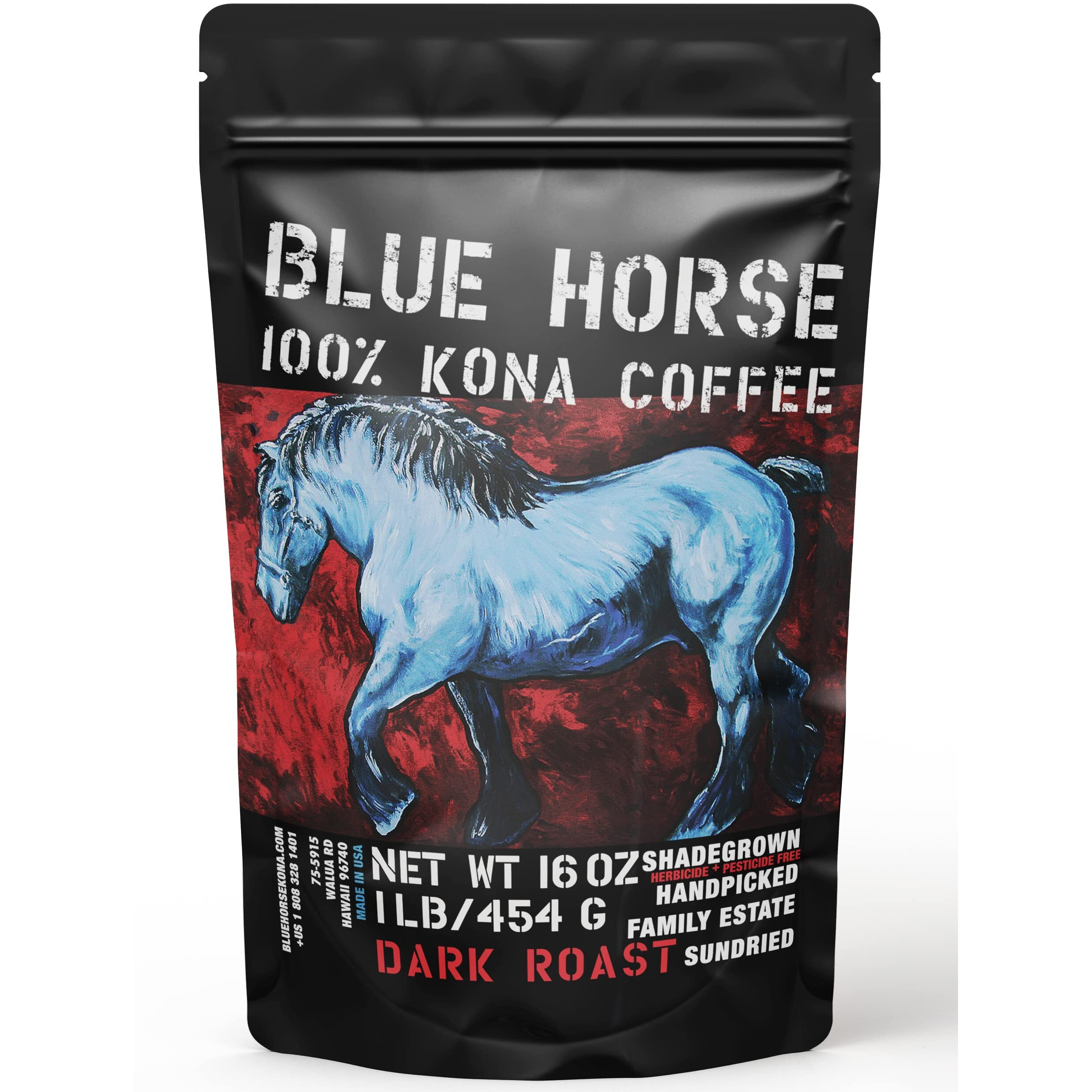 Blue Horse 100% Kona Coffee, Dark Roast, Arabica Whole Beans, 1 Lb (16 Oz) Bag, Farm Fresh, Authentic Hawaiian Coffee Beans From Hawaiis Big Island