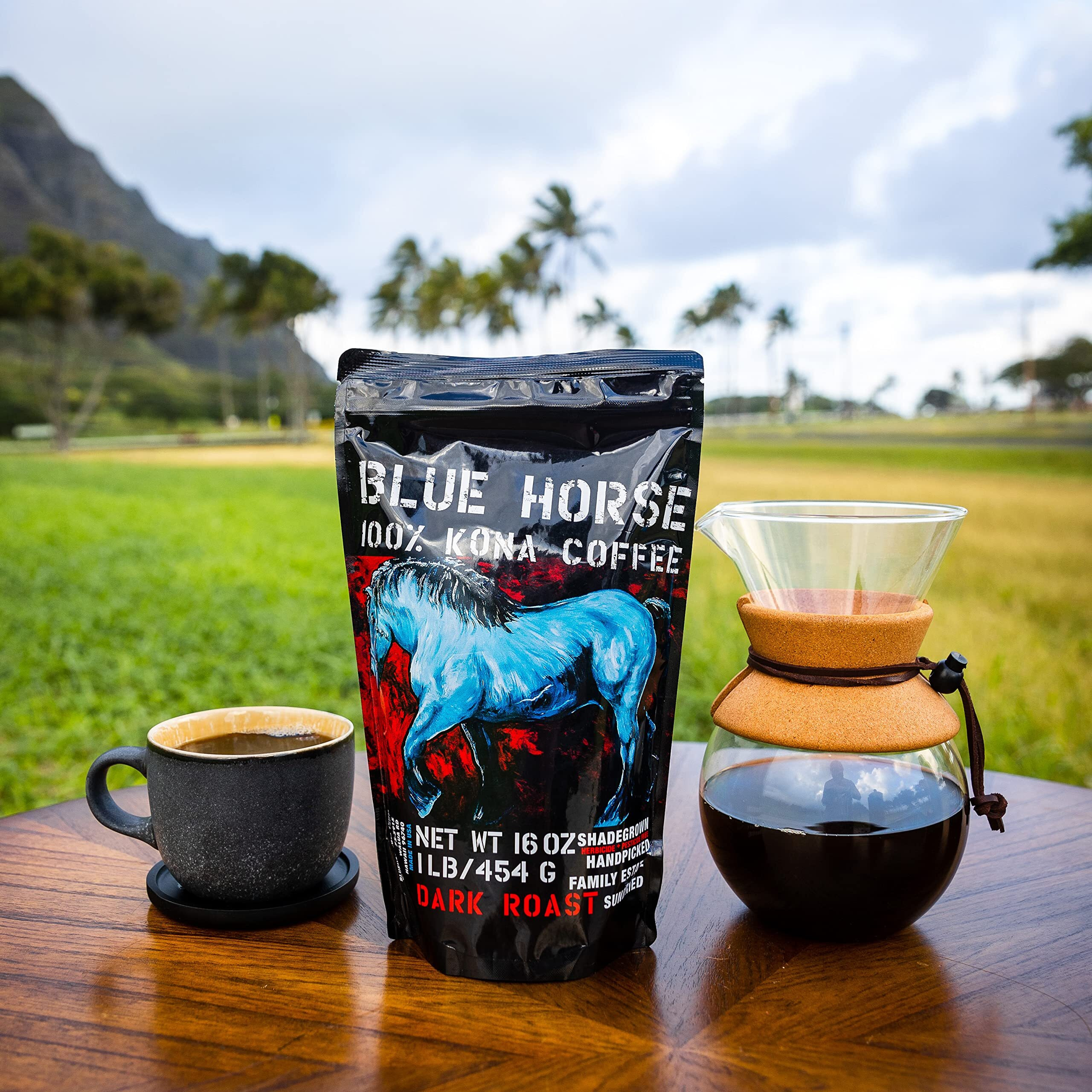 Blue Horse 100% Kona Coffee, Dark Roast, Arabica Whole Beans, 1 Lb (16 Oz) Bag, Farm Fresh, Authentic Hawaiian Coffee Beans From Hawaiis Big Island