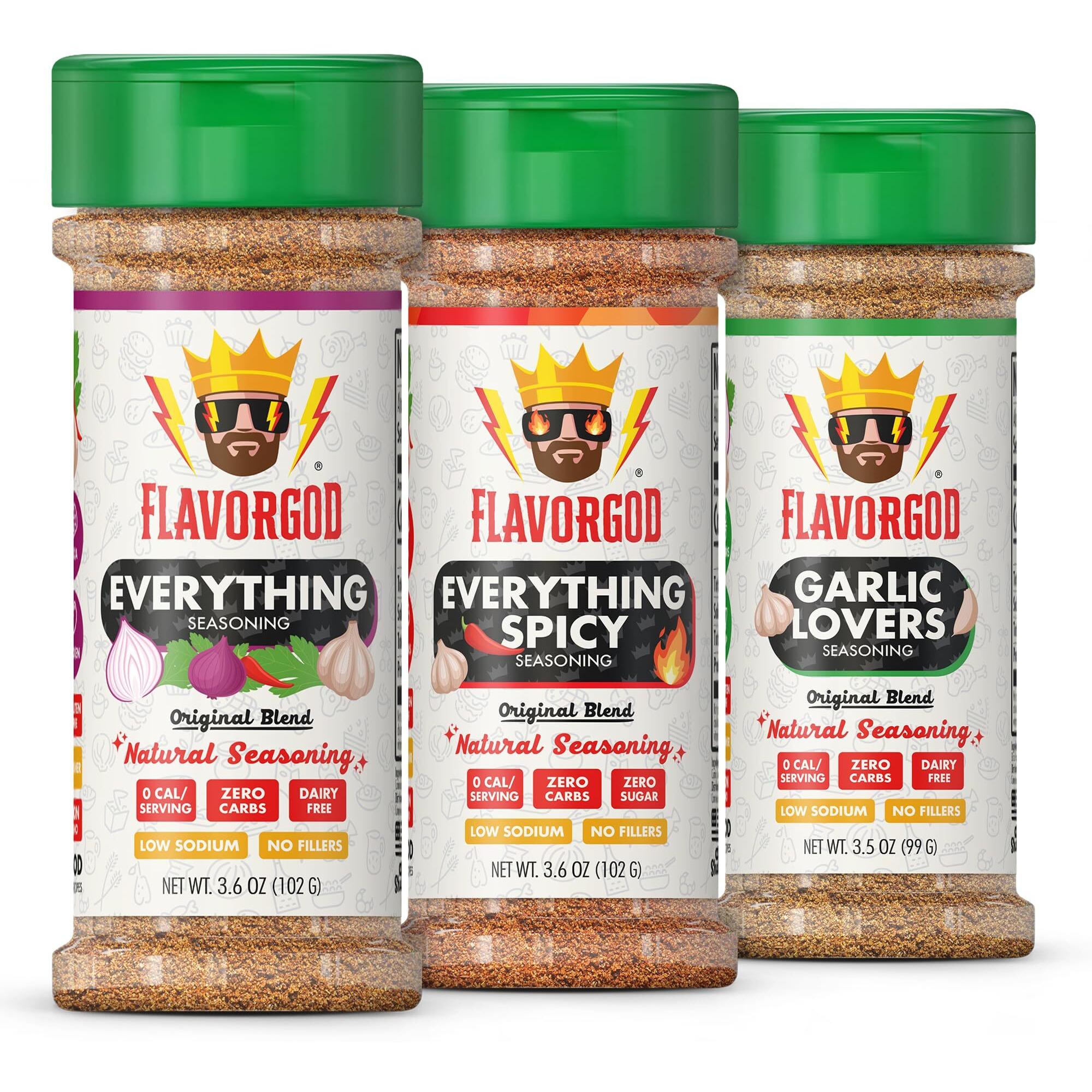 Flavor God Classic Combo Pack Of 3 Herb, Spice & Seasoning Gift Set, Everything, Everything Spicy, Garlic Lovers, Natural Healthy Spice Blend, Low Sodium Chicken, Beef, Seafood, Salad Vegetable Pizza