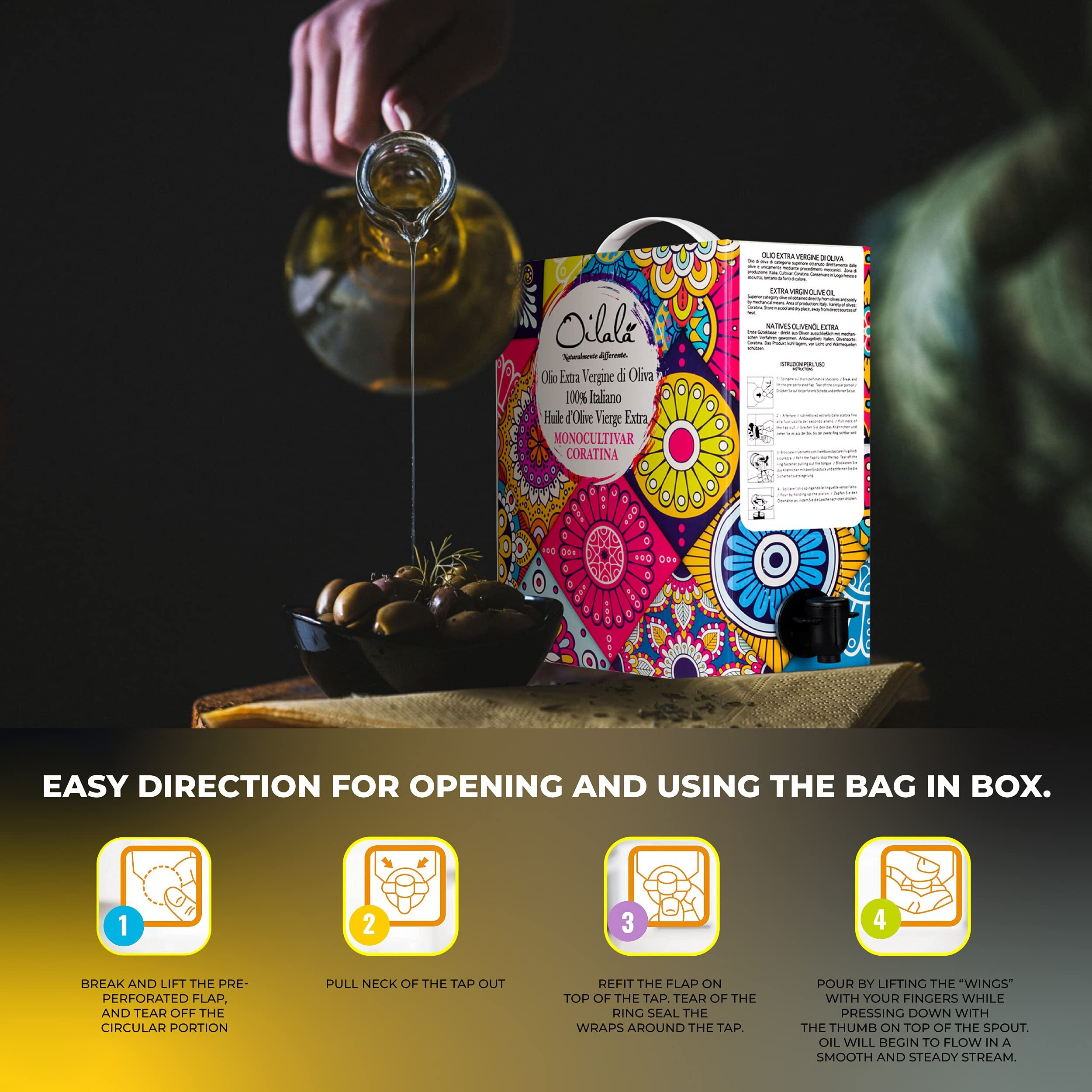 Oilala, 2022/23 Harvest Extra Virgin Olive Oil, Coratina, Gold Medal Nyiooc 2022 Low Acidity, Robust, Puglia Italy, Italian Family Farm, Single Source, High Polyphenol, (101 Fl Oz) (3 Liter)