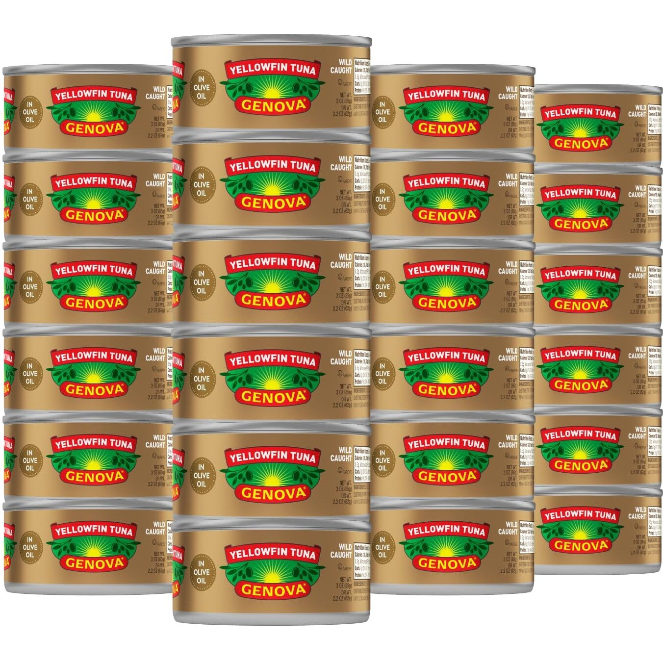 Genova Premium Yellowfin Tuna In Olive Oil, 3 Ounce Cans (Pack Of 24), Wild Caught Canned Tuna, Solid Light