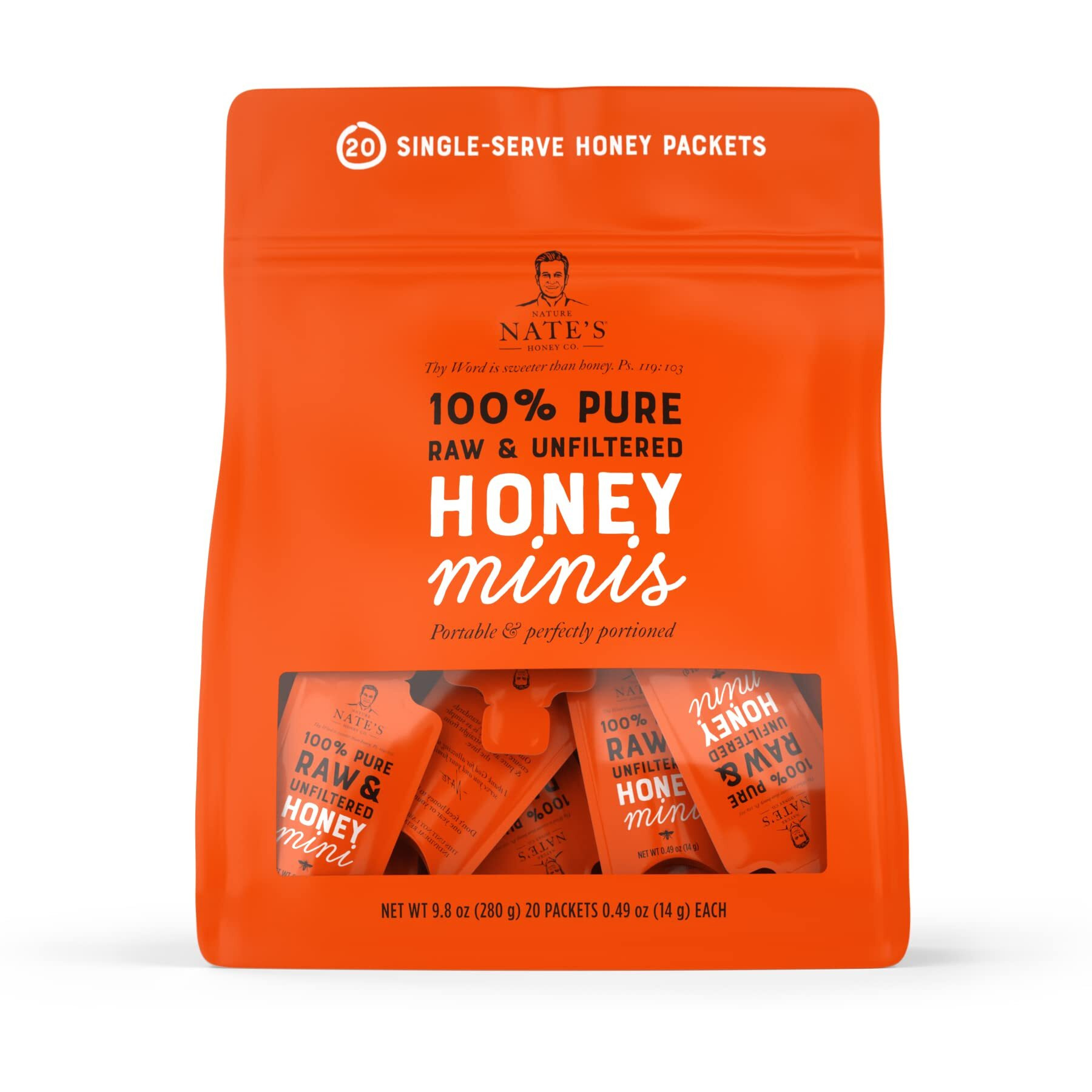 Nate's Honey Minis - Single-Serve 100% Pure, Raw & Unfiltered Honey - 0.49Oz Packets, 20Ct Bag