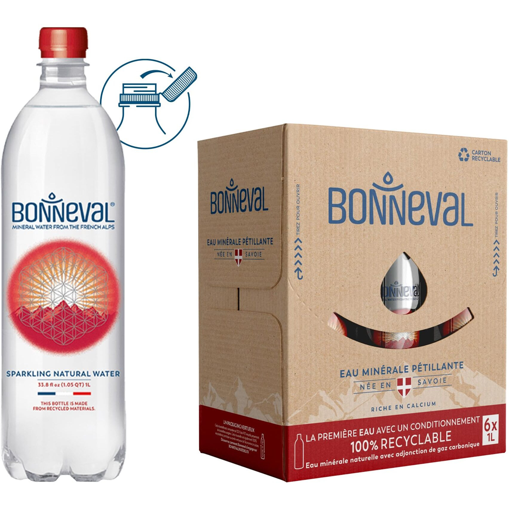 Bonneval - Natural Sparkling Water - 100% Pure Mineral Water From The French Alps - Naturally Filtered For 2000 Years - Rich In Electrolytes - Eco-Friendly 25% Rpet Bottles Tethered Caps - 6 Pack, 33.8 Fl Oz