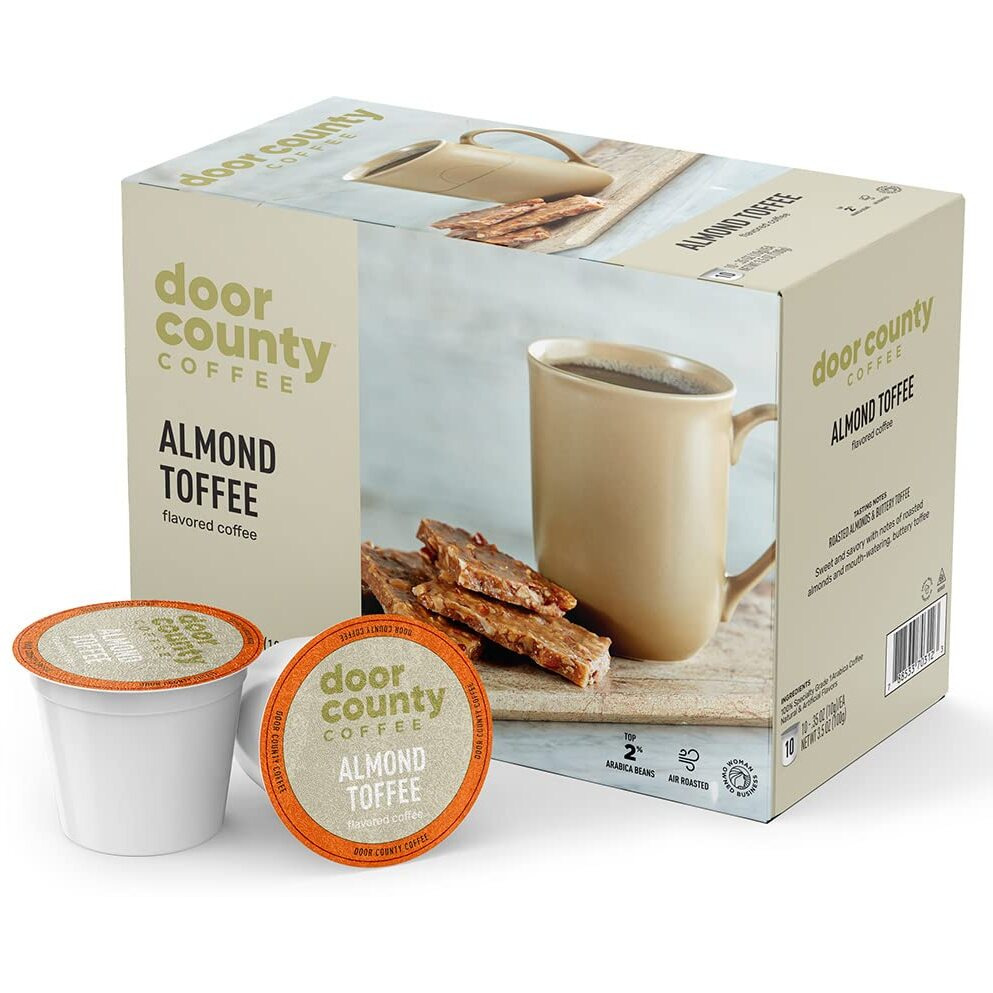 Door County Coffee Almond Toffee Flavored Ground | 10 Count Single Serve Cups | Medium Roast | 100% Specialty Arabica | Gourmet | Roasted Almonds & Toffee