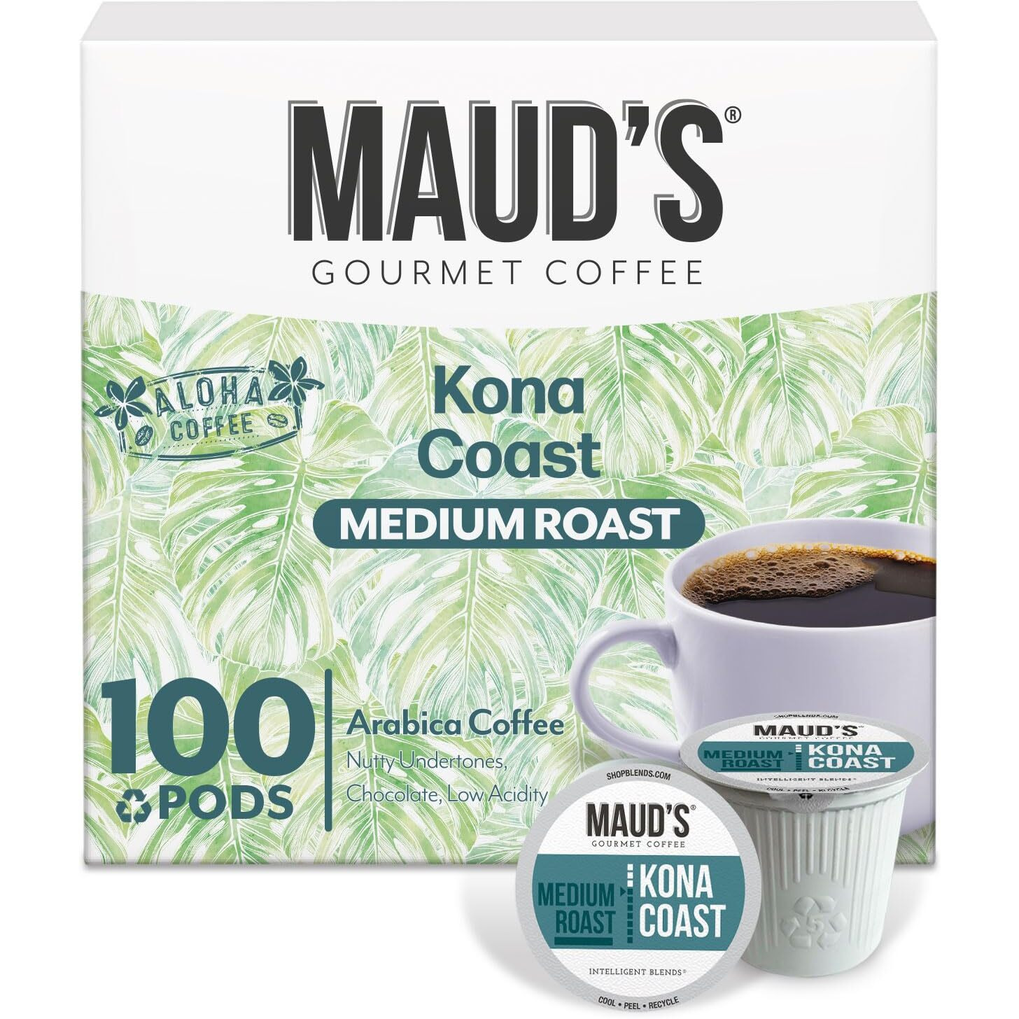 Maud's Kona Coffee Pods, 100 Ct, Medium Roast Coffee In Recyclable Single Serve Pods - 100% Arabica Coffee, Compatible With Keurig K Cups Maker
