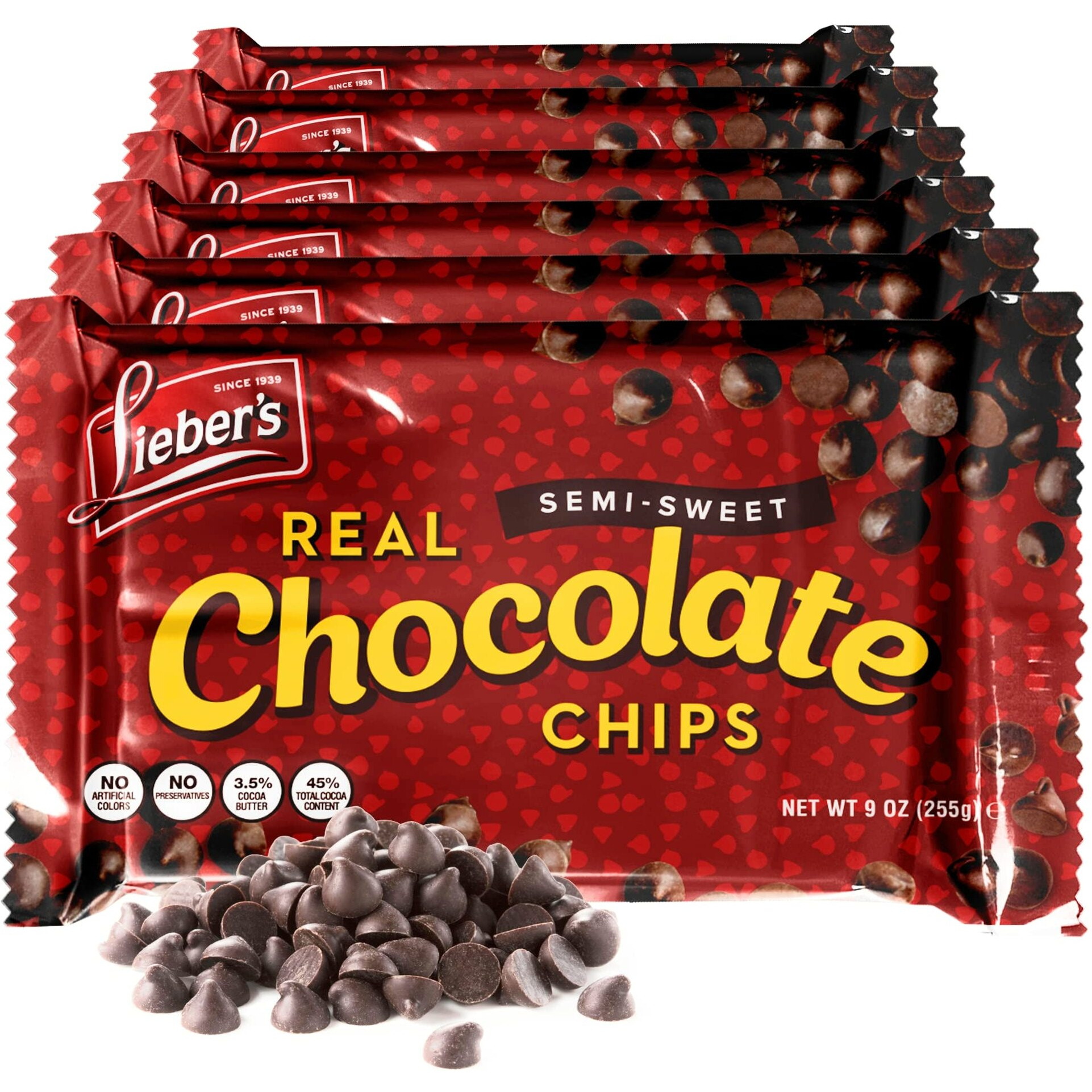 Liebers Vegan Semi-Sweet Real Chocolate Chips, 9 Oz - Gluten Free, Dairy Free, Kosher Parve, Low Calorie Chocolate Chips For Baking (9 Oz Pack Of 6)