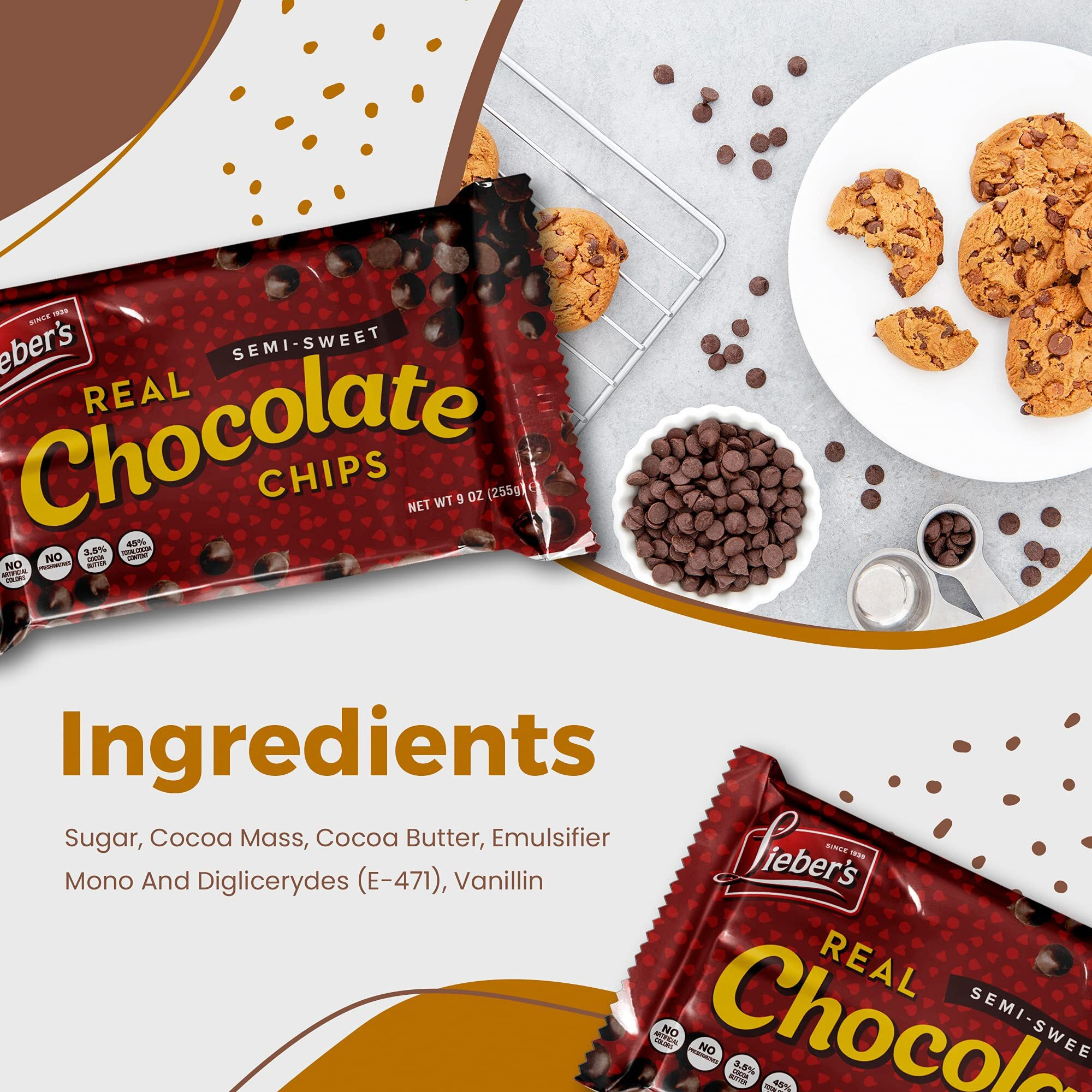 Liebers Vegan Semi-Sweet Real Chocolate Chips, 9 Oz - Gluten Free, Dairy Free, Kosher Parve, Low Calorie Chocolate Chips For Baking (9 Oz Pack Of 6)