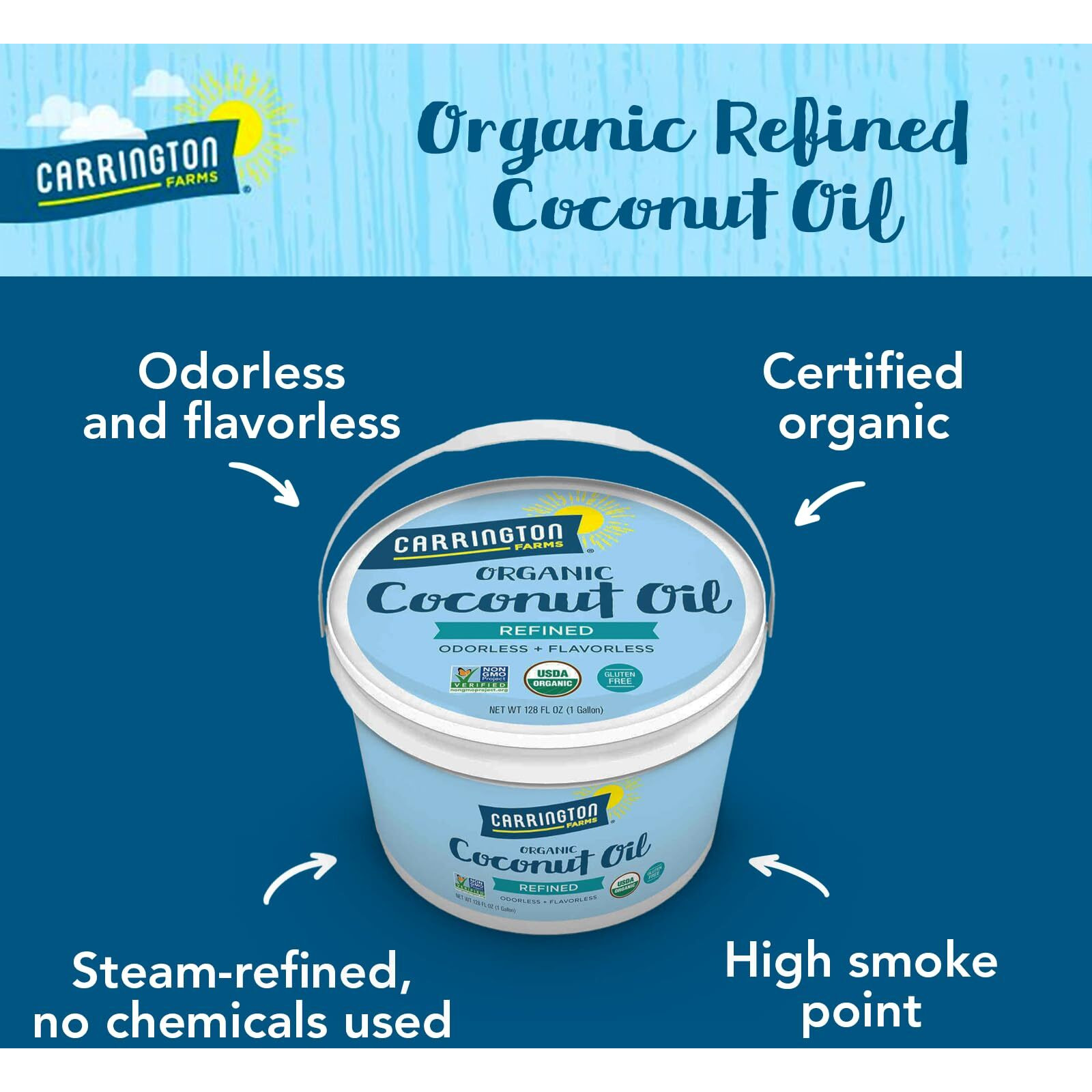 Carrington Farms Organic Refined Coconut Oil, 1 Gallon, Cold-Pressed, Non-Gmo, Gluten-Free, Perfect For Cooking, Baking, Skin Care, Hair Oil, Mcts, 128 Fl Oz - Nutrient-Rich, No Trans Fats