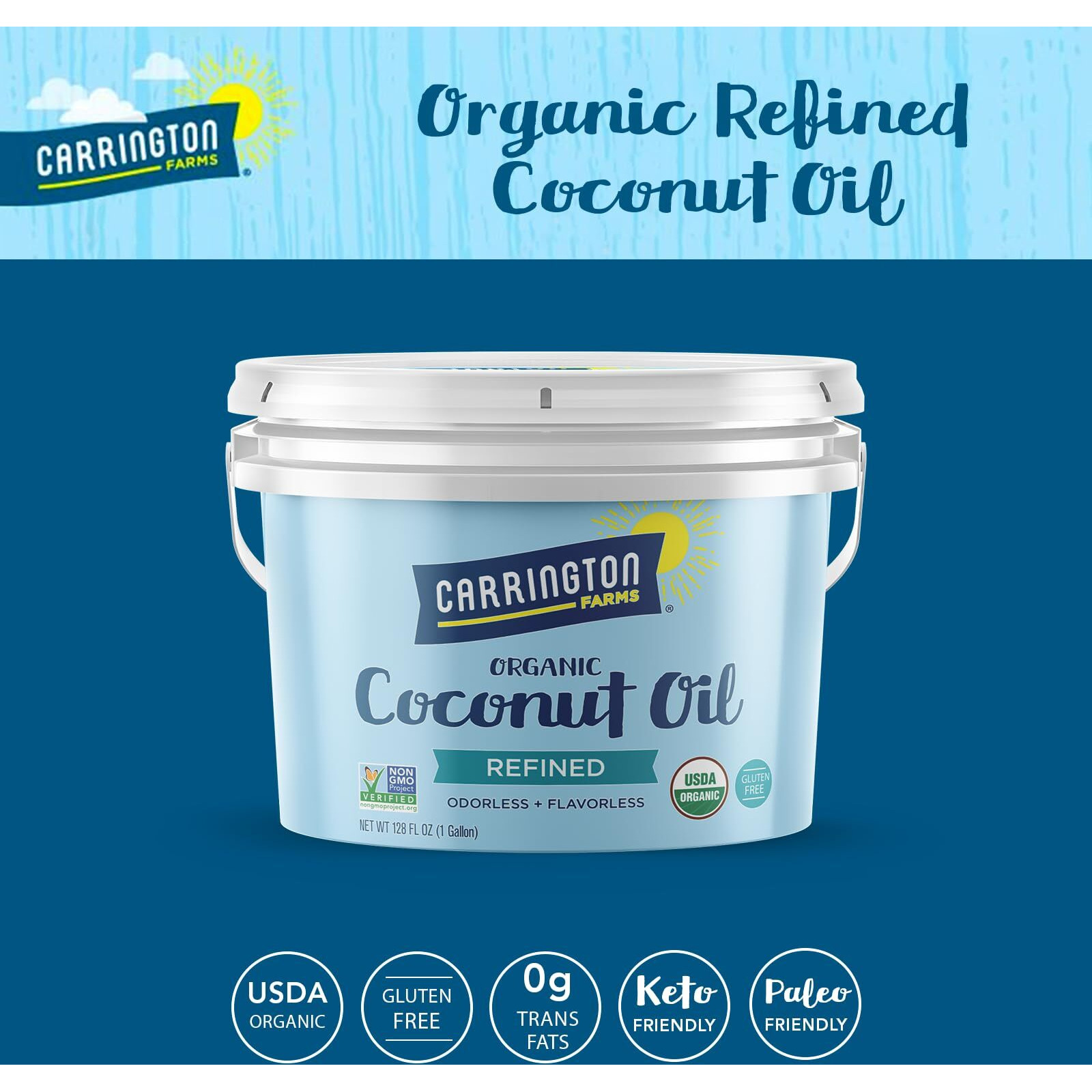Carrington Farms Organic Refined Coconut Oil, 1 Gallon, Cold-Pressed, Non-Gmo, Gluten-Free, Perfect For Cooking, Baking, Skin Care, Hair Oil, Mcts, 128 Fl Oz - Nutrient-Rich, No Trans Fats