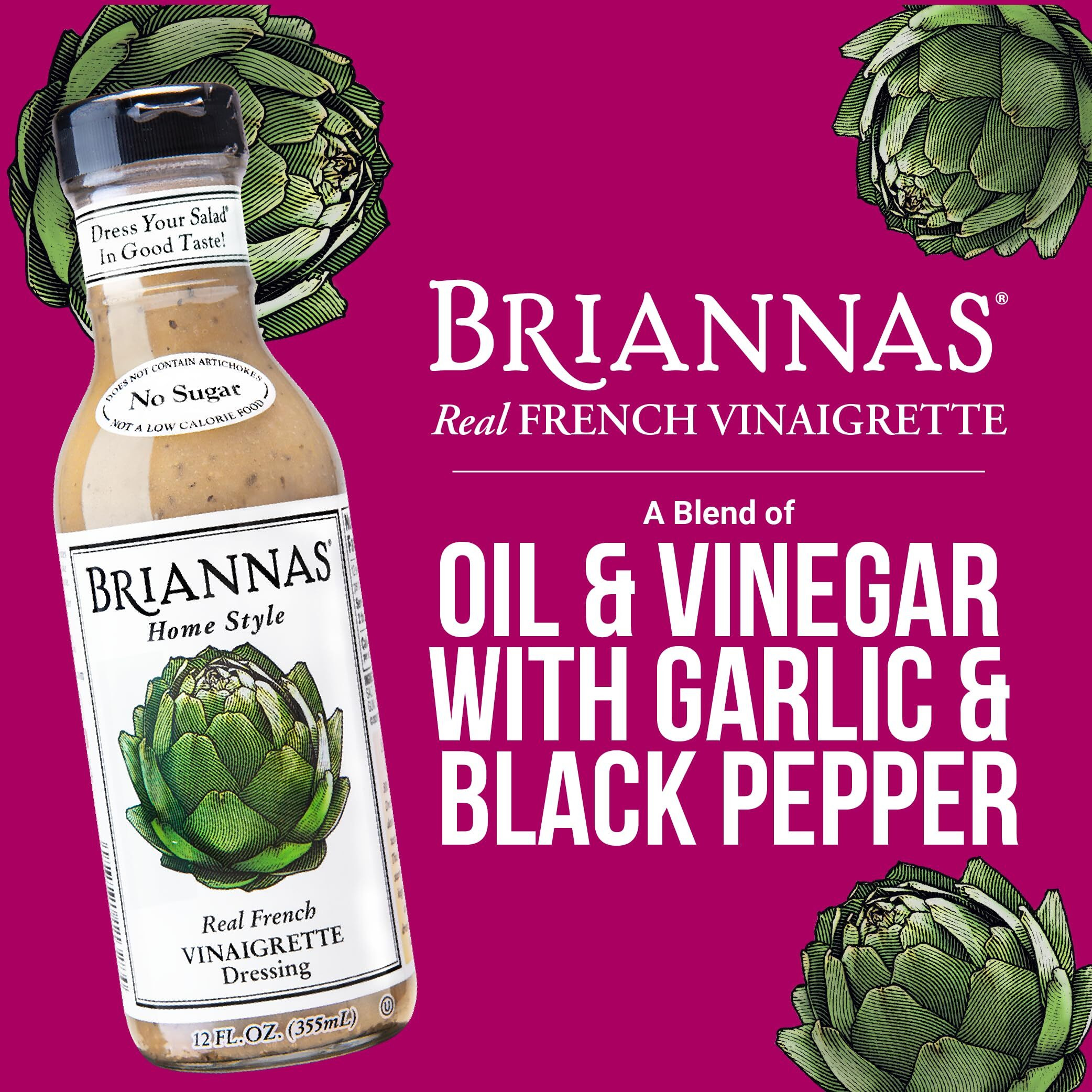 Briannas - Home Style Real French Vinaigrette Dressing - Fine Salad Dressing Made With Premium Ingredients - Gluten Free, Kosher, No Sugar, & Vegan Dressing - 12 Oz. Bottle