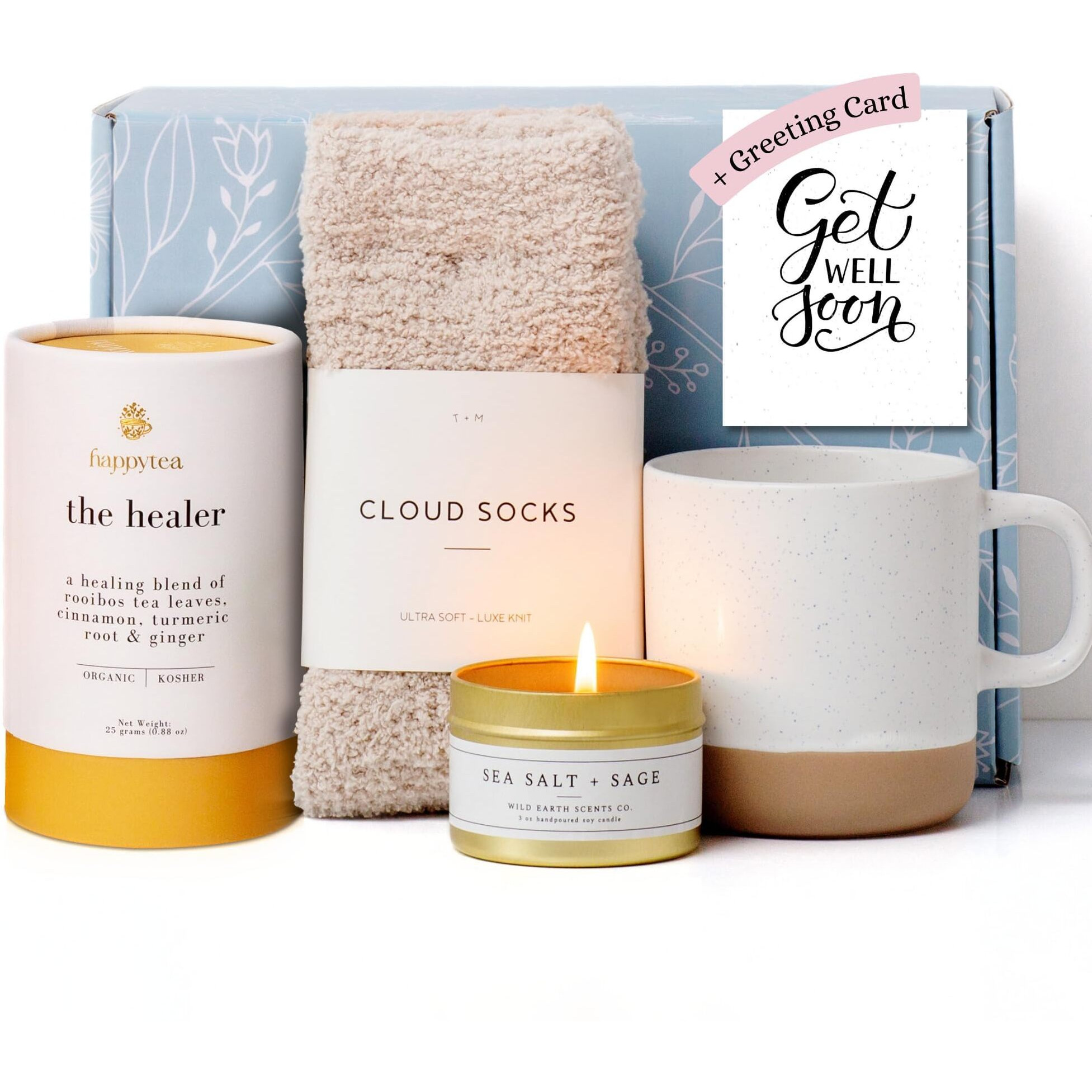 Unboxme Comforting Care Package For Women - Organic Self-Care Get Well Soon Gift Basket With Fluffy Socks, Lemon Ginger Tea Set, Sea Salt, Scented Candle - Ideal Post-Surgery & Feel Better Basket