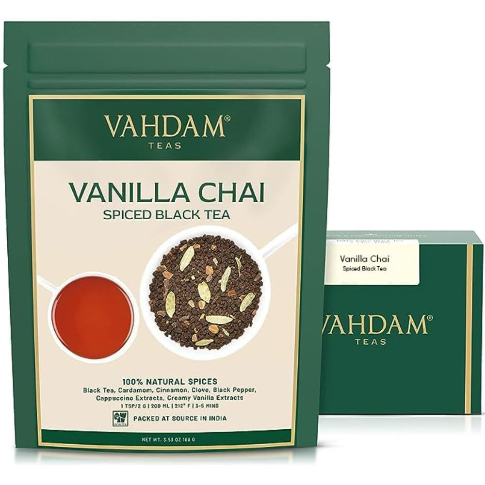 Vahdam, Vanilla Spiced Masala Chai Tea | 3.53Oz (+50 Cups) Gluten Free, Vegan | Delicious Blend Of Vanilla & Masala Chai Tea | Spiced Chai Tea Loose Leaf | Brew As Hot, Cold Or Iced Tea