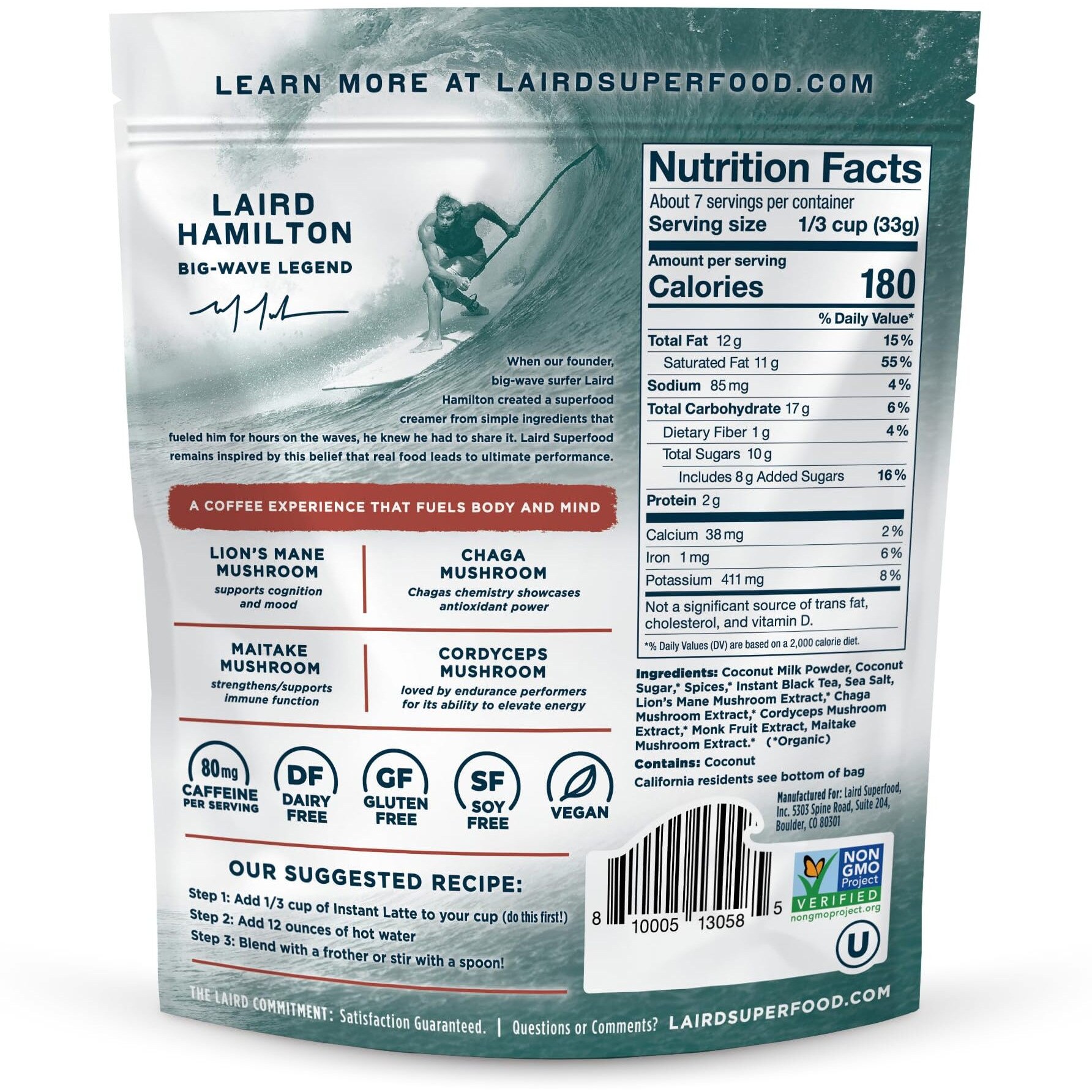 Laird Superfood Chai Instant Latte With Adaptogens - Instant Chai Tea Powder With Superfood Coconut Creamer - Gluten Free, Non-Gmo, Vegan, 8 Oz. Bag, Pack Of 1