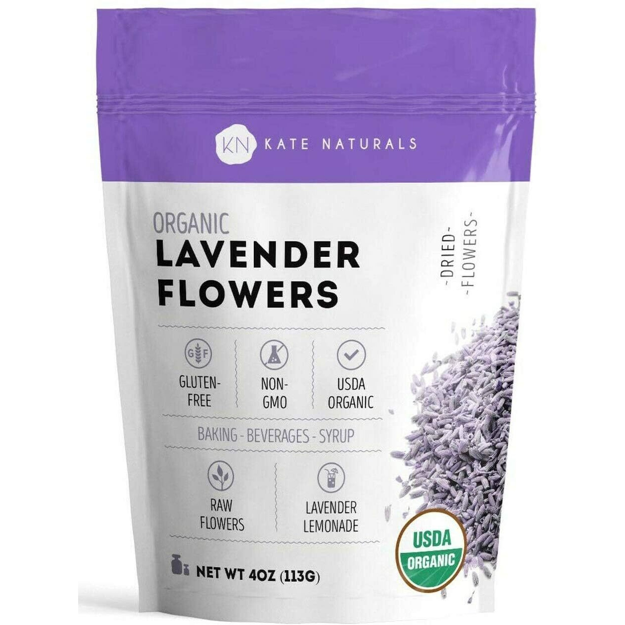 Kate Naturals Dried Lavender Flowers For Tea, Syrup, Lemonade, Soap Making. Edible Culinary Grade Buds (4Oz, Organic, Food Grade)