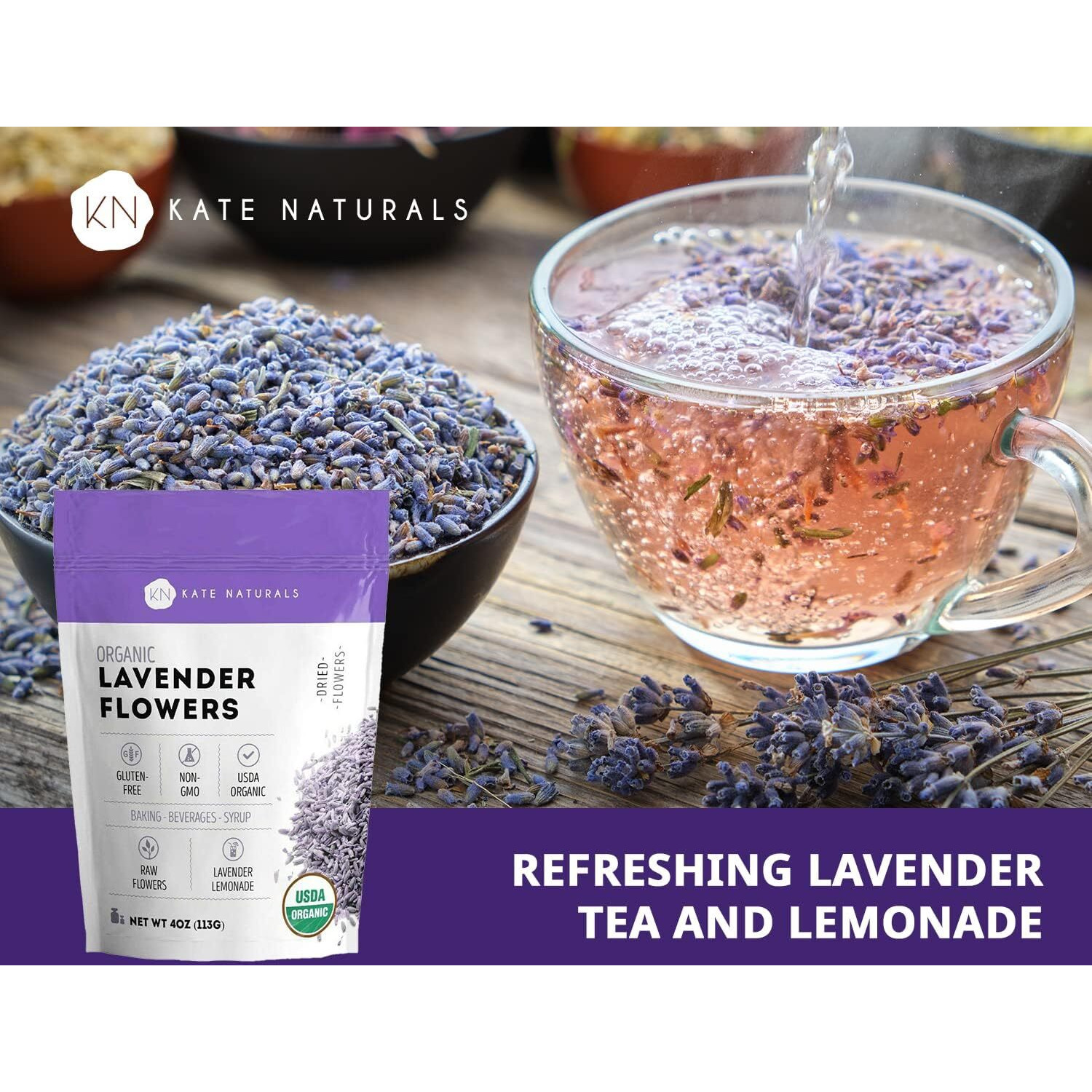 Kate Naturals Dried Lavender Flowers For Tea, Syrup, Lemonade, Soap Making. Edible Culinary Grade Buds (4Oz, Organic, Food Grade)