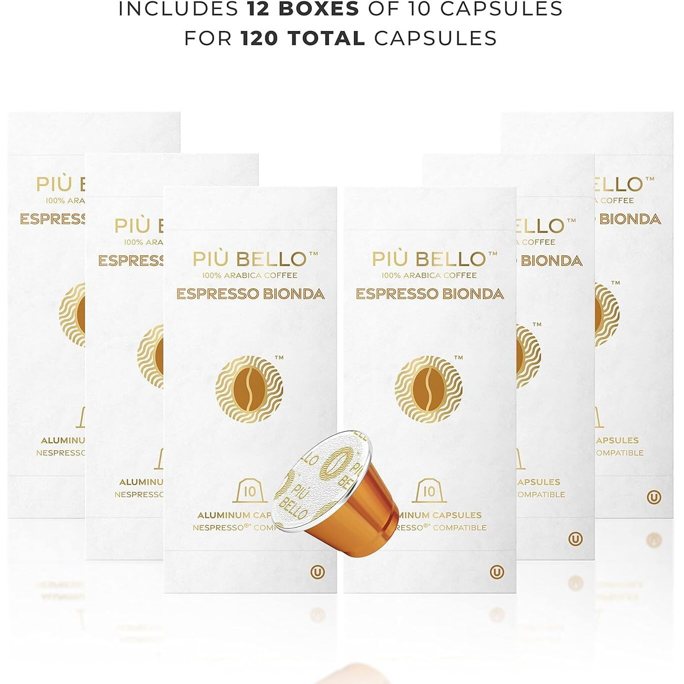 Piu Bello Espresso Bionda Coffee Pods - Nespresso Machine (Original) Compatible Capsules Pack - Rich & Balanced Taste - Strong Italian Espresso Flavored - Kosher Certified (120 Count Single Flavor)