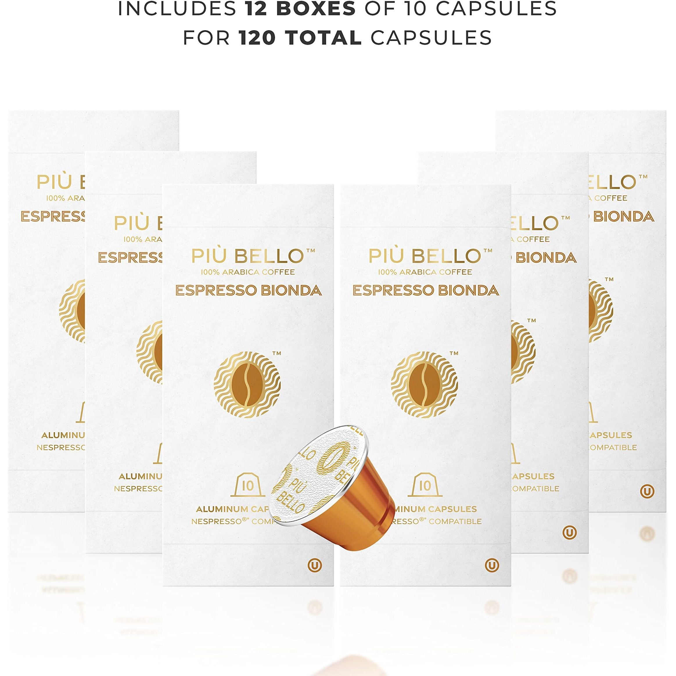 Piu Bello Espresso Bionda Coffee Pods - Nespresso Machine (Original) Compatible Capsules Pack - Rich & Balanced Taste - Strong Italian Espresso Flavored - Kosher Certified (120 Count Single Flavor)