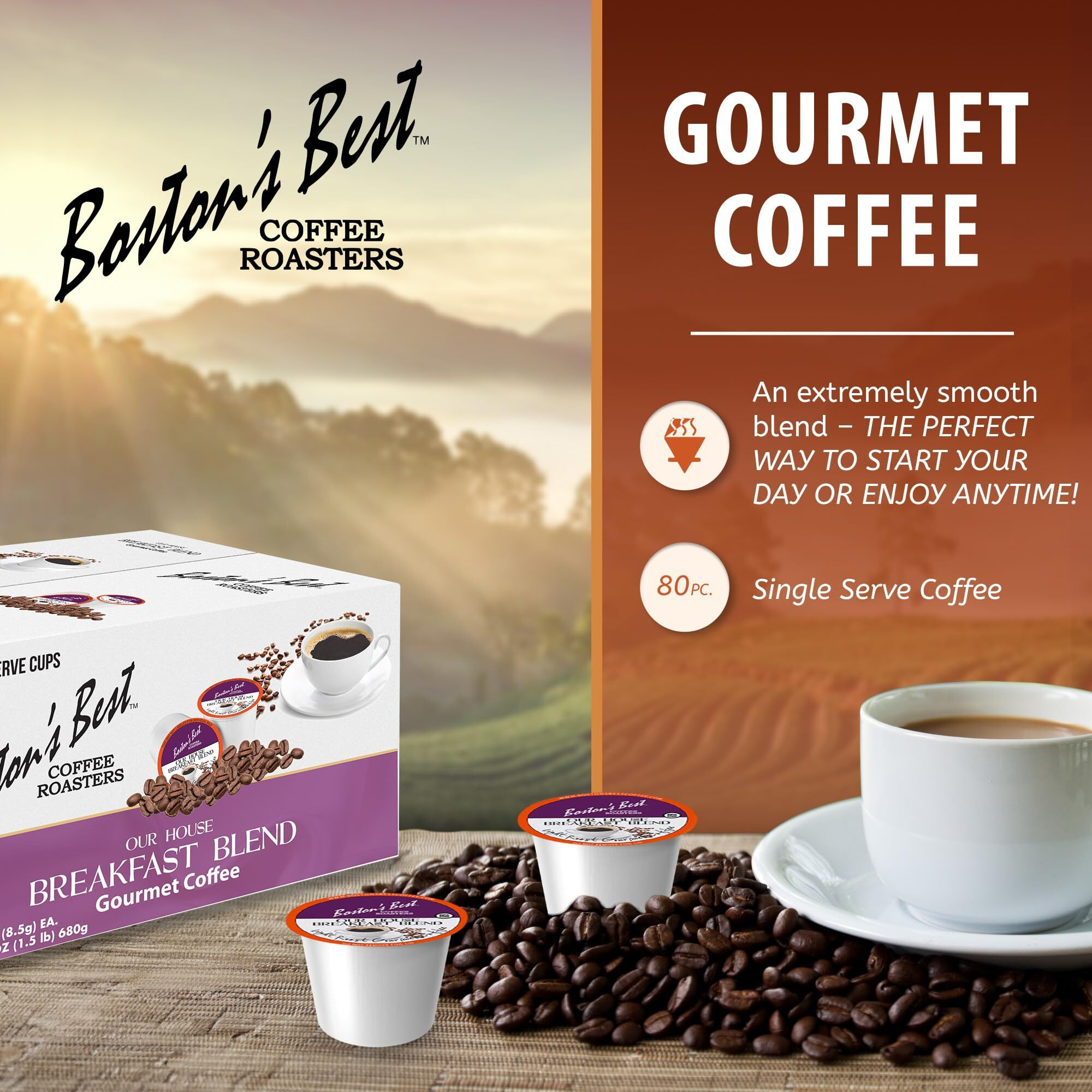 Bostons Best Coffee - Smooth Light-Roast Breakfast Blend, Delicious Gourmet Coffee Compatible With Keurig Coffee Maker, 1 Count (80 Single Serve Cups)