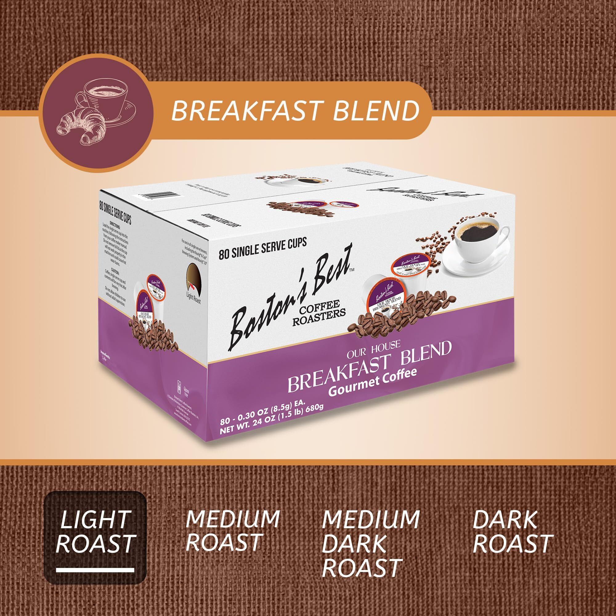 Bostons Best Coffee - Smooth Light-Roast Breakfast Blend, Delicious Gourmet Coffee Compatible With Keurig Coffee Maker, 1 Count (80 Single Serve Cups)