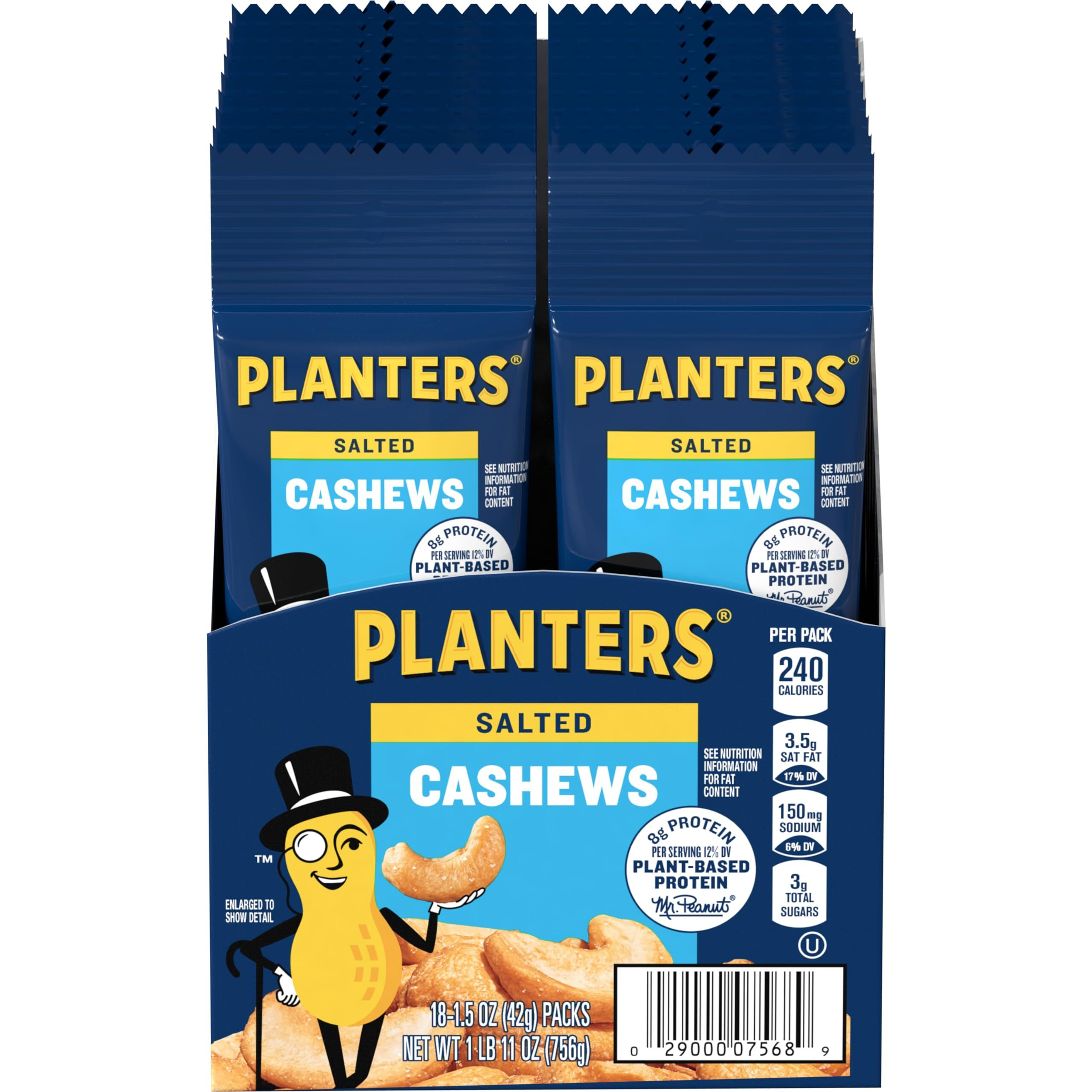 Planters Cashews Salted, Plant-Based Protein, Individually Packed Snacks, Quick Snack For Adults, After School Snack, Roasted Cashew, Flavored With Sea Salt, Kosher, 1.5Oz Bags (18 Pack)