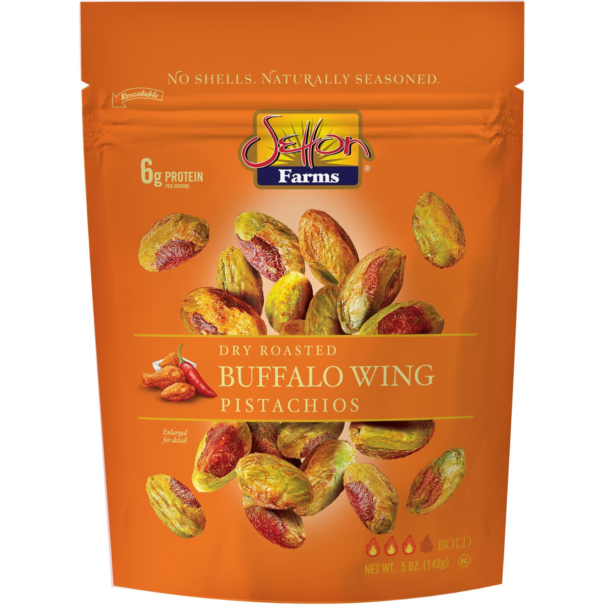 Buffalo Wing Seasoned Shelled Pistachios Kernels - No Shells Dry Roasted No Shell Pistachios, Dry Roasted, Non-Gmo Project Verified, Gluten Free, Vegan, Kosher, 5 Oz Resealable Bag