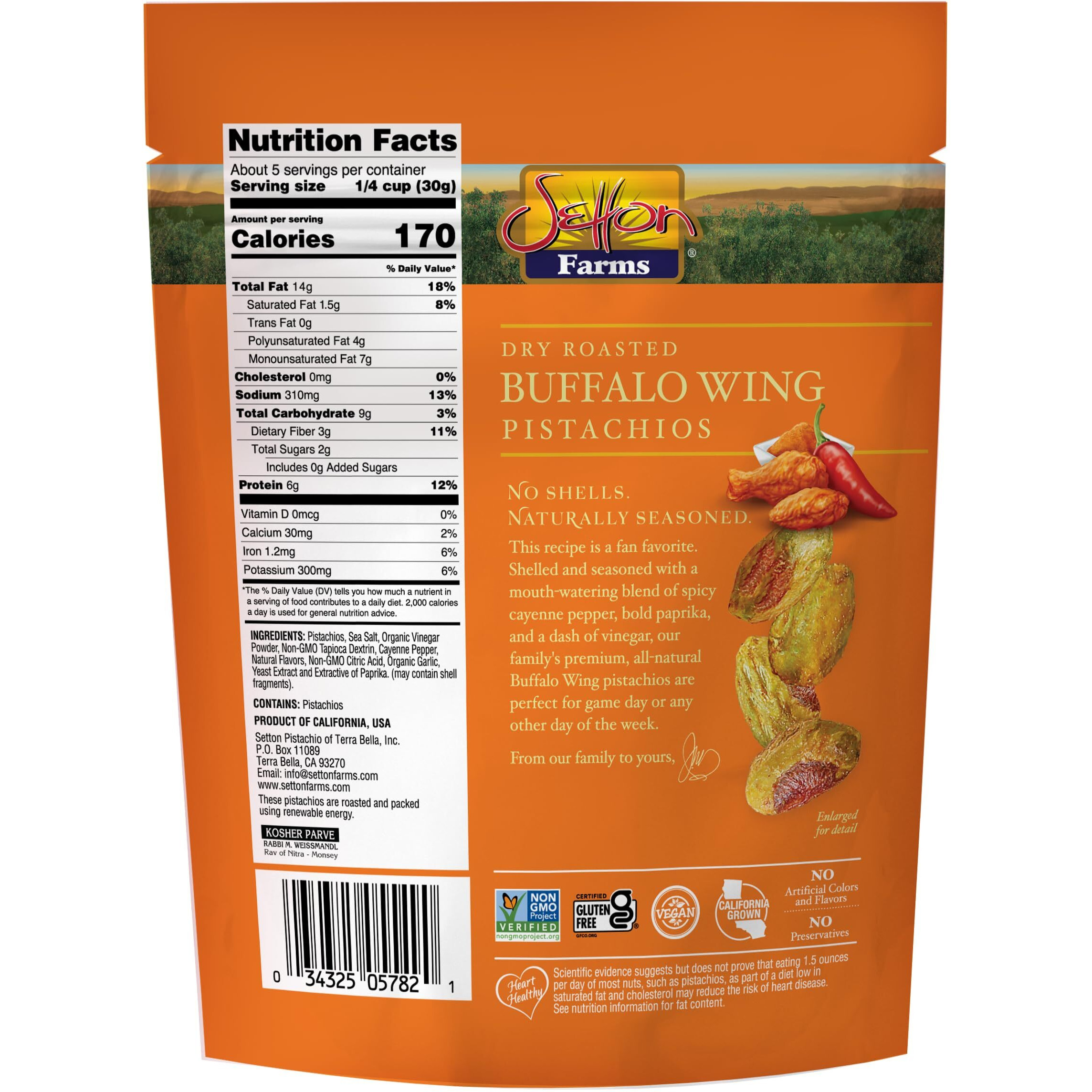 Buffalo Wing Seasoned Shelled Pistachios Kernels - No Shells Dry Roasted No Shell Pistachios, Dry Roasted, Non-Gmo Project Verified, Gluten Free, Vegan, Kosher, 5 Oz Resealable Bag