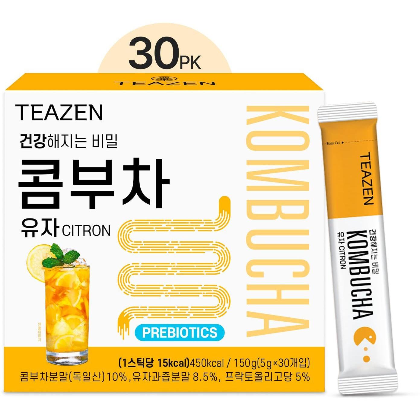 Teazen Citron Kombucha Tea, Hydration Drink Mix, Sugar Free, Live Probiotics & Prebiotics, 30 Sticks, 5.29Oz