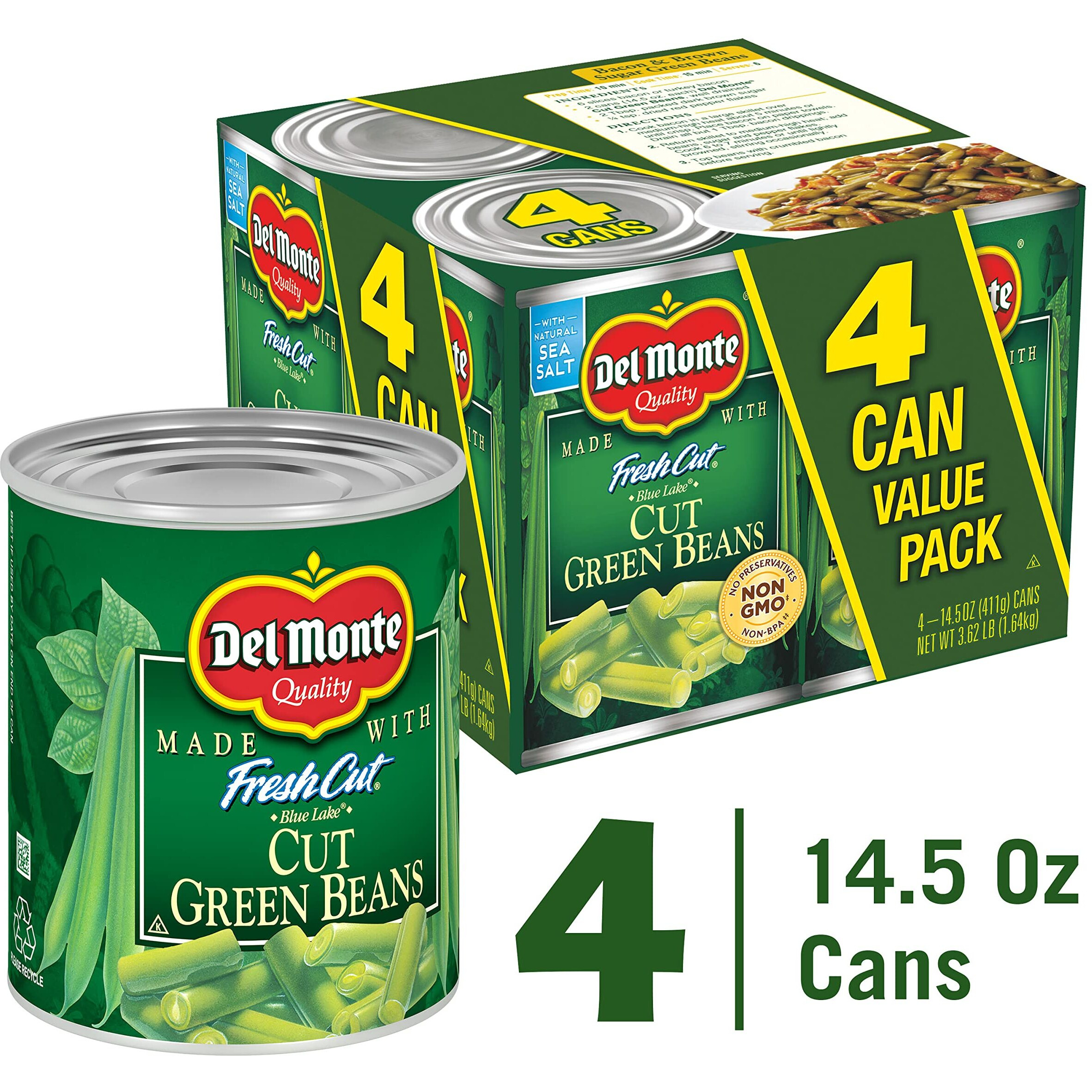 Del Monte Fresh Cut Blue Lake Mixed Cut Green Beans, Canned Vegetables, 14.5 Ounce (Pack Of 4), 2002160