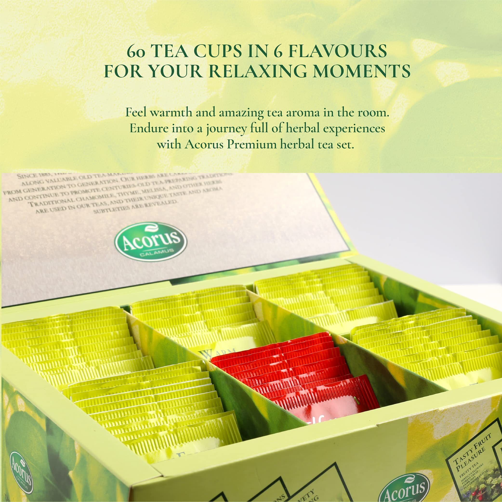 Acorus Premium Tea Set - Natural Herbal Tea Variety Pack, Gift Set Of 6 Different Teas, 60 Bags Individually Wrapped, Herbal Sampler Box