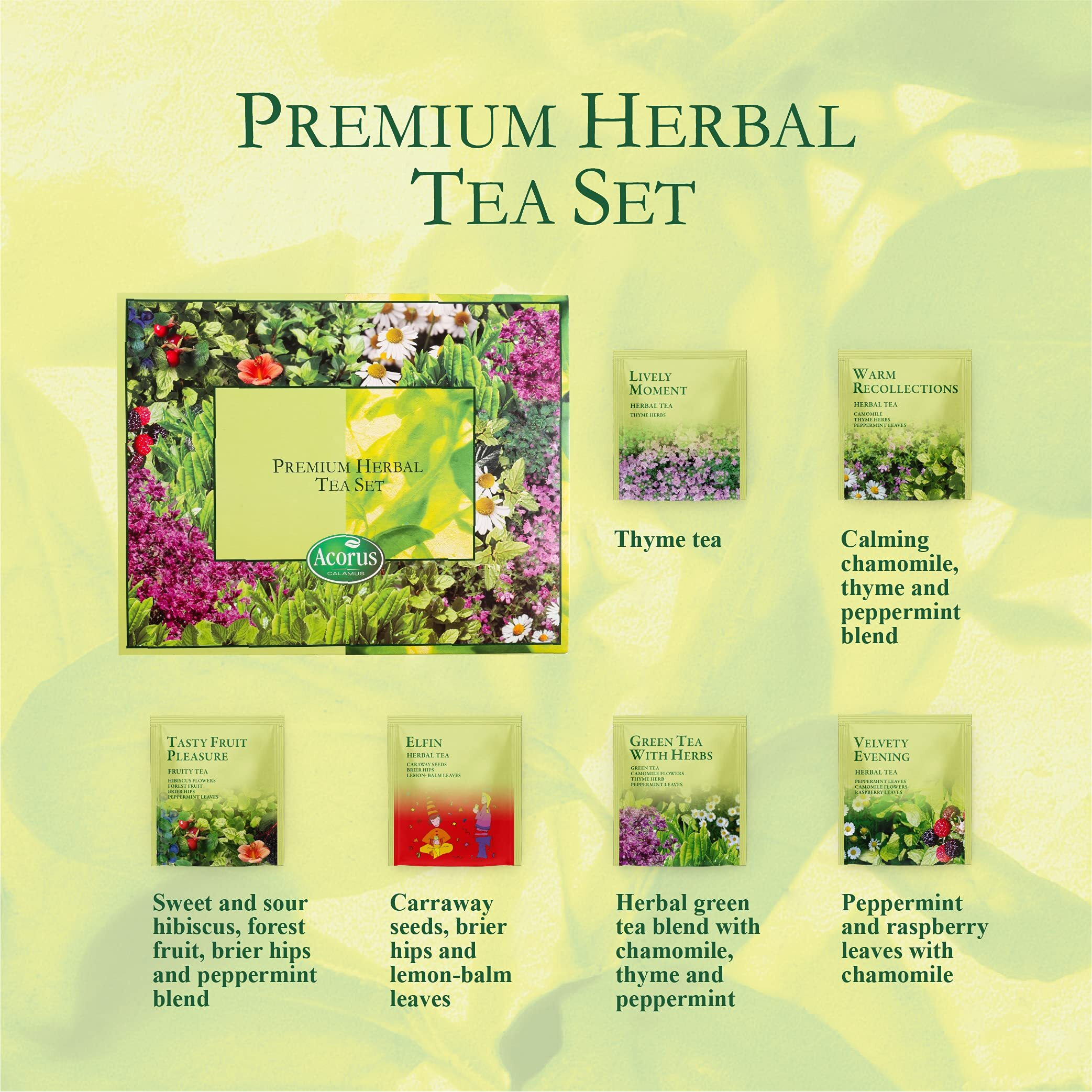 Acorus Premium Tea Set - Natural Herbal Tea Variety Pack, Gift Set Of 6 Different Teas, 60 Bags Individually Wrapped, Herbal Sampler Box