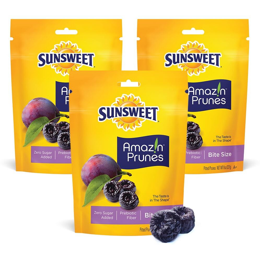 Sunsweet Amazin' Prunes - Bite Size Prunes Pitted Unsweetened & Dried - Gluten Free, Vegan, Low Fat - Dietary Fiber & Natural Minerals - Dried Fruit - 8 Oz Pouch - 3 Pack