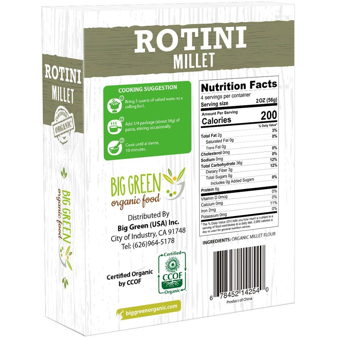 Big Green Organic Food- Organic Millet Rotini, 8.8Oz, Gluten-Free, Non-Gmo, Vegan (12)