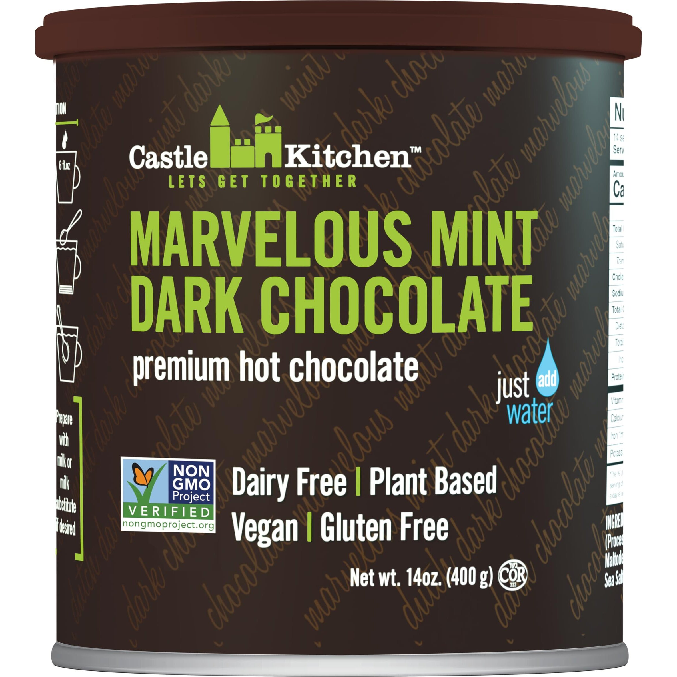 Castle Kitchen Marvelous Mint Dark Chocolate Hot Chocolate - Dairy-Free, Vegan Premium Hot Chocolate Mix - Just Add Water - 14 Oz